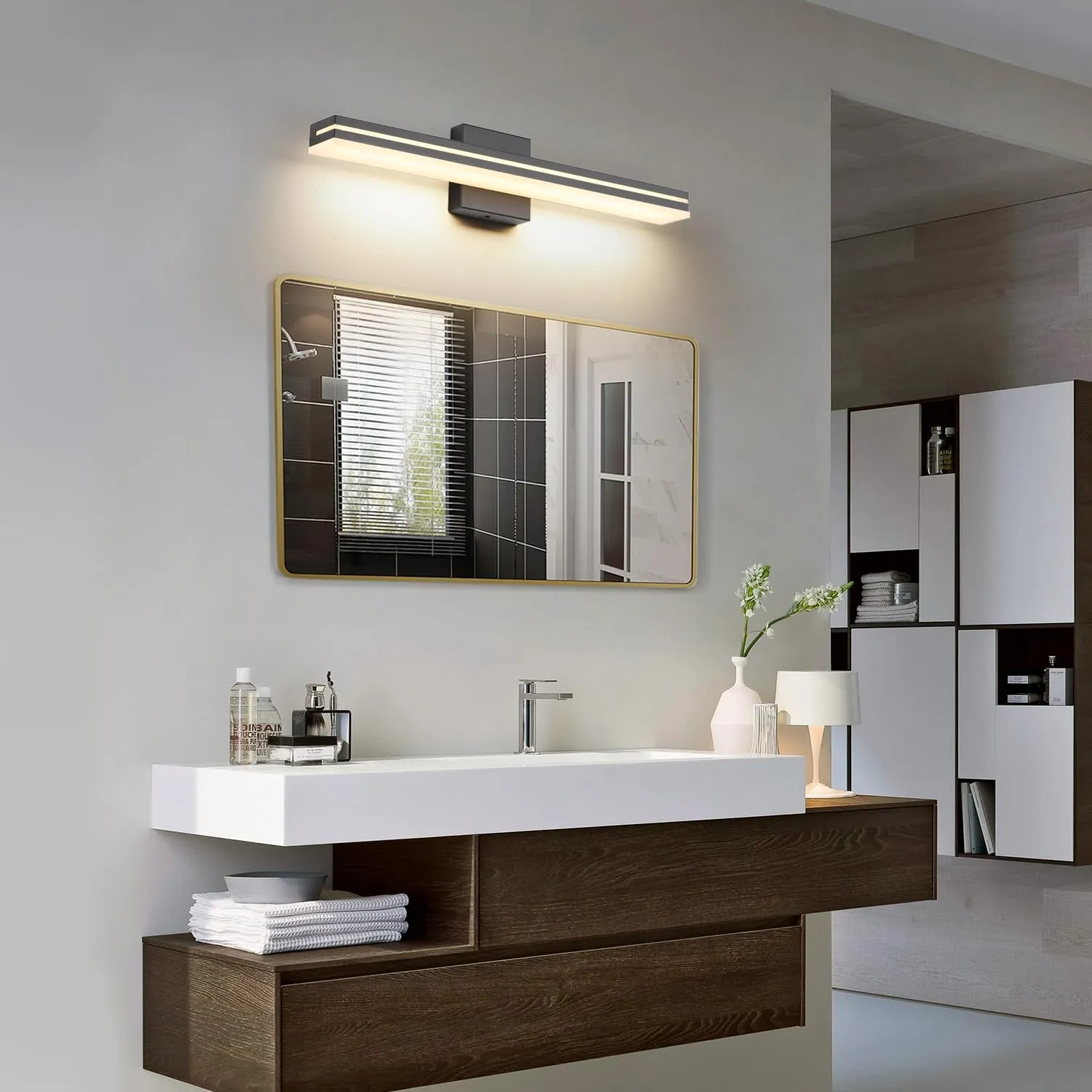 SineRise LED Modern Bathroom Vanity Light Bar (24-Inch, 3000K/4000K/6000K), Matte Black Dimmable Modern Acrylic Bathroom Wall Lighting Fixtures Over Mirror