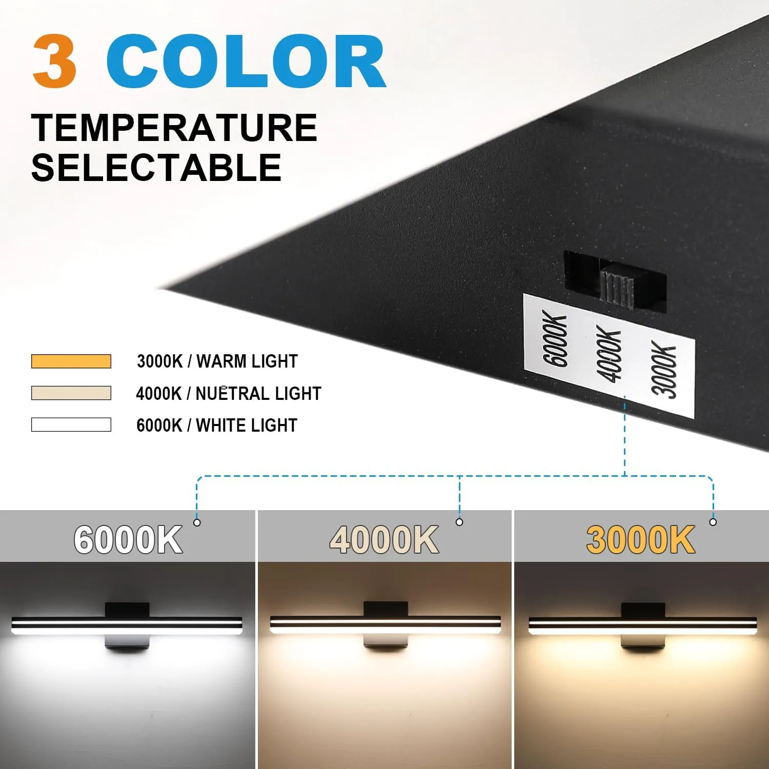 SineRise LED Modern Bathroom Vanity Light Bar (24-Inch, 3000K/4000K/6000K), Matte Black Dimmable Modern Acrylic Bathroom Wall Lighting Fixtures Over Mirror