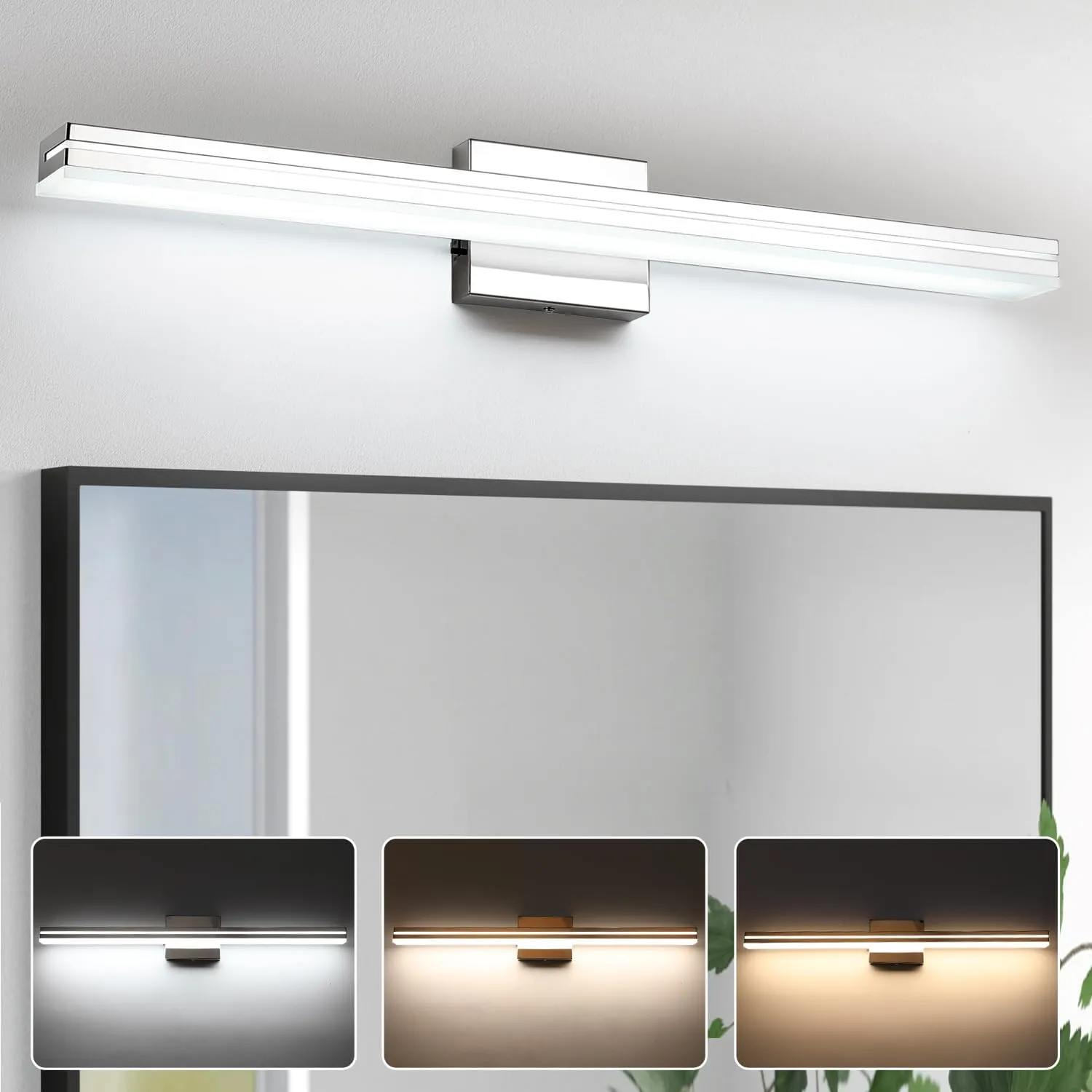 SineRise LED Modern Bathroom Vanity Light Bar (32-Inch, 3000K/4000K/6000K), Chrome Dimmable Modern Acrylic Bathroom Wall Lighting Fixtures Over Mirror