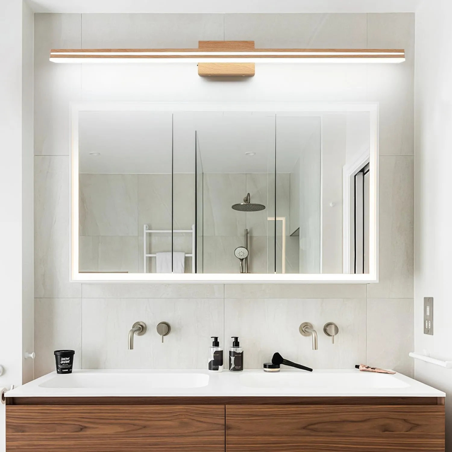 SineRise LED Modern Bathroom Vanity Light Fixtures (48-Inch, 3000K/4000K/6000K, Dimmable), Yellow Wood Painted Modern Acrylic Bathroom Wall Lighting Fixtures Over Mirror