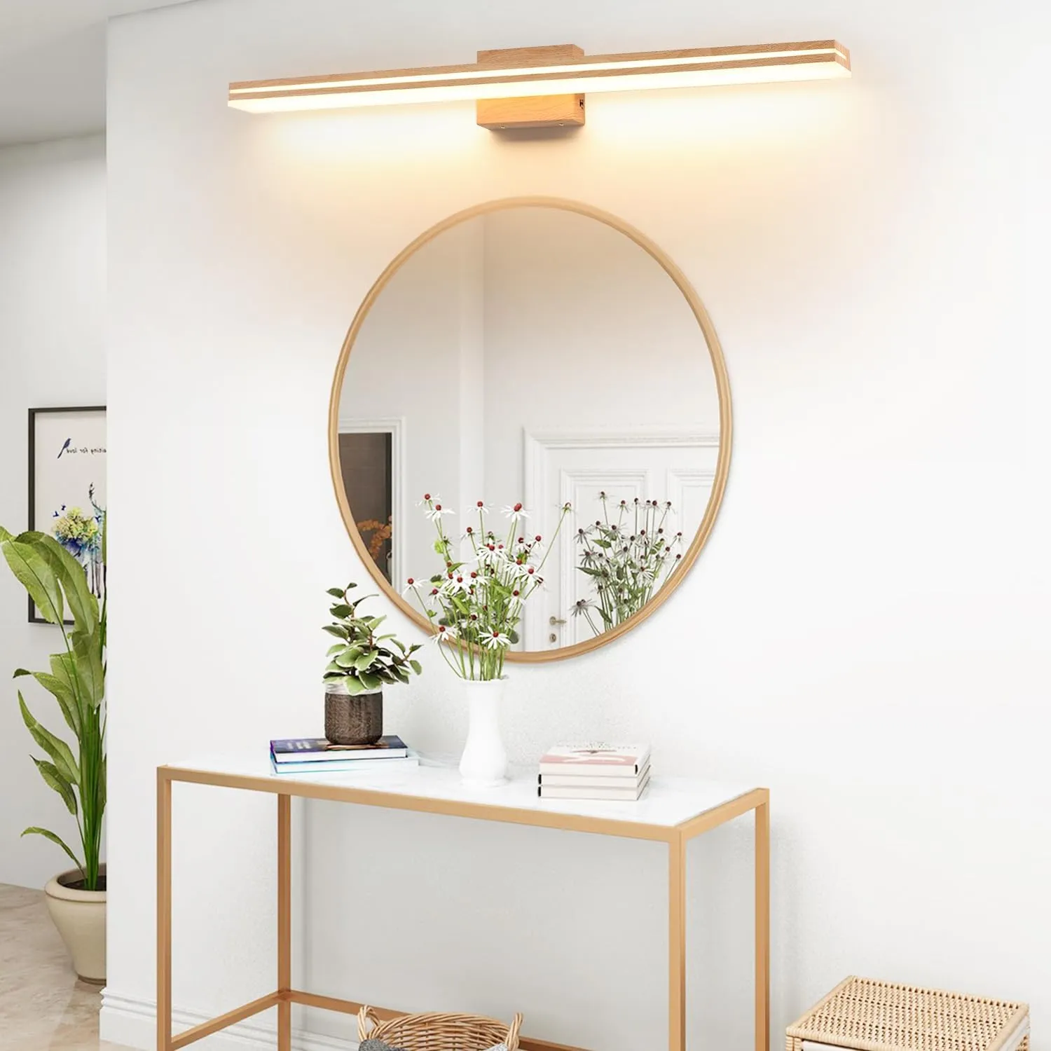 SineRise LED Modern Bathroom Vanity Light Fixtures (48-Inch, 3000K/4000K/6000K, Dimmable), Yellow Wood Painted Modern Acrylic Bathroom Wall Lighting Fixtures Over Mirror