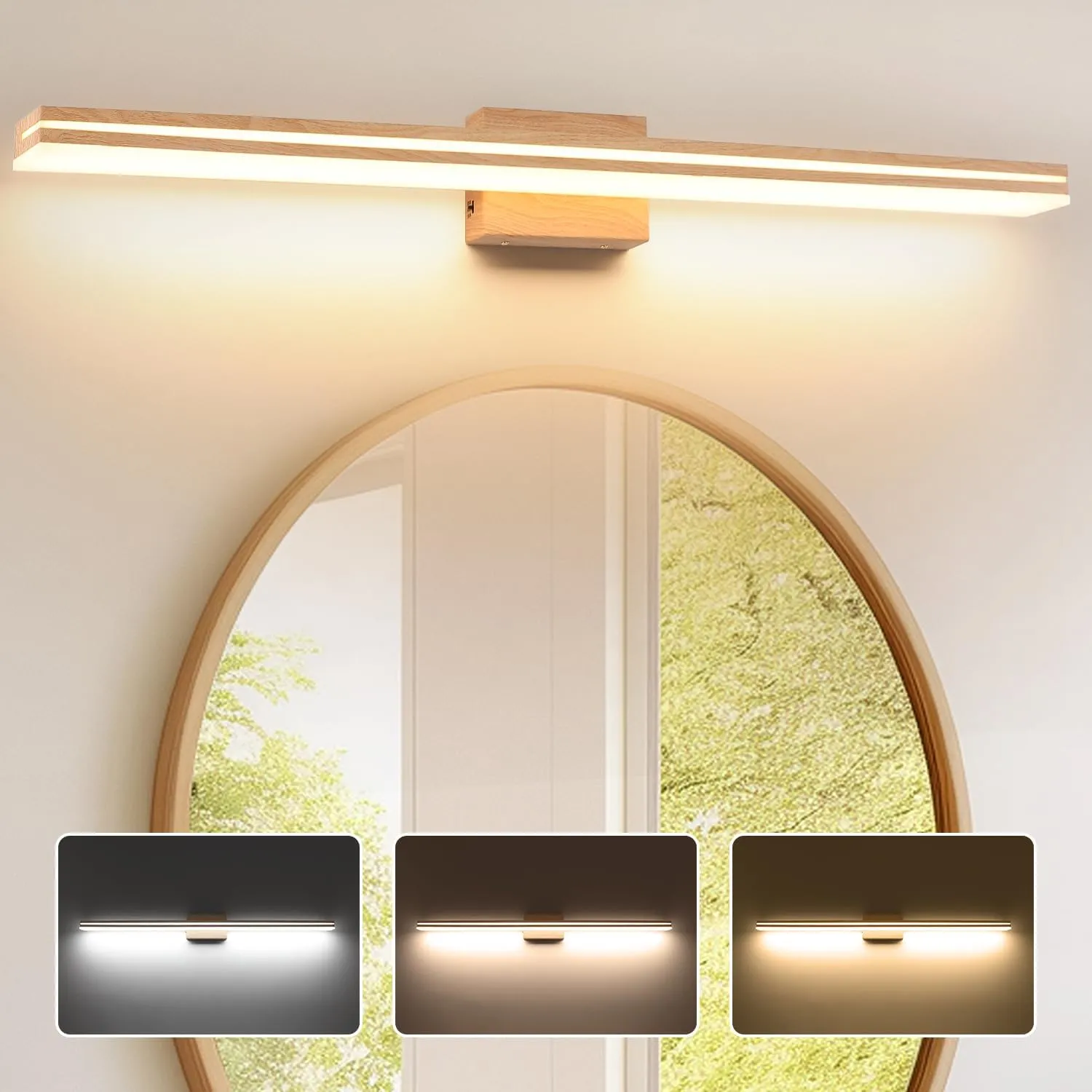 SineRise LED Modern Bathroom Vanity Light Fixtures (48-Inch, 3000K/4000K/6000K, Dimmable), Yellow Wood Painted Modern Acrylic Bathroom Wall Lighting Fixtures Over Mirror