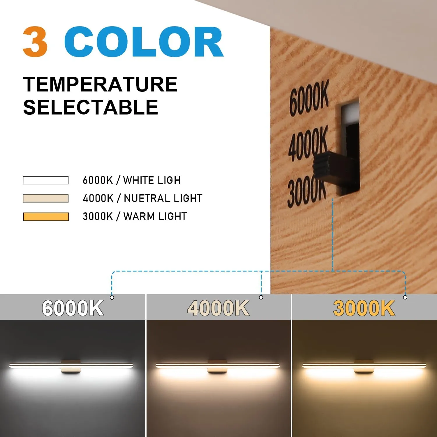 SineRise LED Modern Bathroom Vanity Light Fixtures (48-Inch, 3000K/4000K/6000K, Dimmable), Yellow Wood Painted Modern Acrylic Bathroom Wall Lighting Fixtures Over Mirror