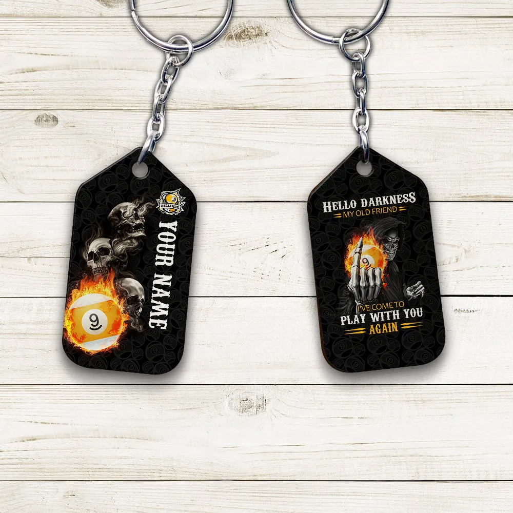 Skull Reaper Billiard Pool 9 Ball Hello Darkness My Old Friend Personalized Name Keychain For Billiard Players