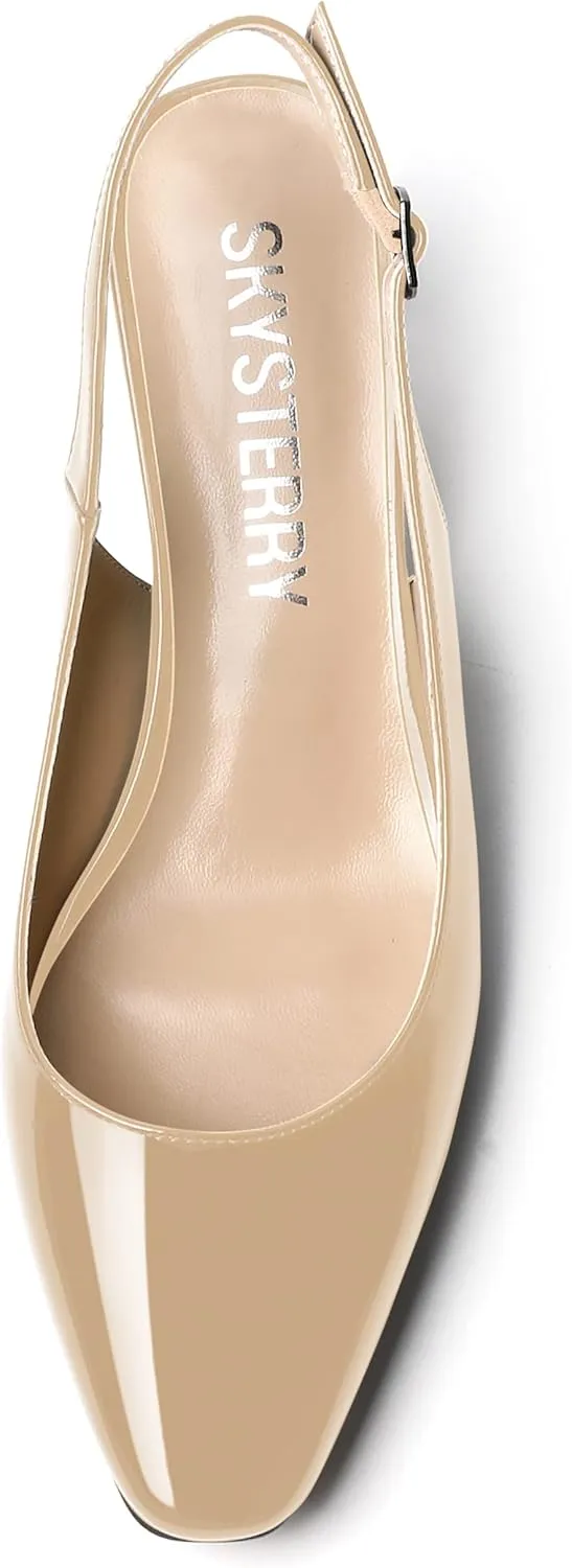 SKYSTERRY Women's Dress Evening Slingback Kitten Square Toe Office Patent Spool Low Heel Pumps Shoes 2 Inch
