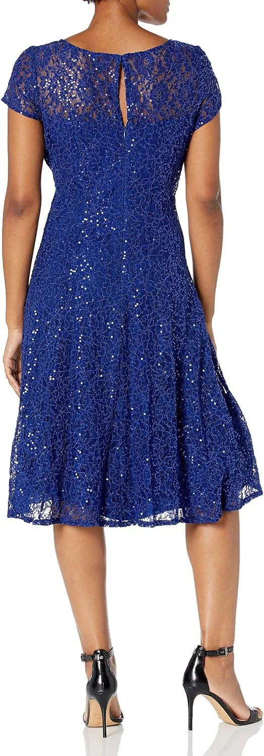 S.L. Fashions Women's Short Sleeve Sequin and Lace Tea Length Mother of The Bride Dress (Petite and Regular Sizes)