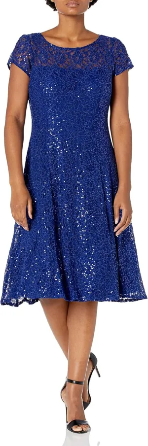 S.L. Fashions Women's Short Sleeve Sequin and Lace Tea Length Mother of The Bride Dress (Petite and Regular Sizes)