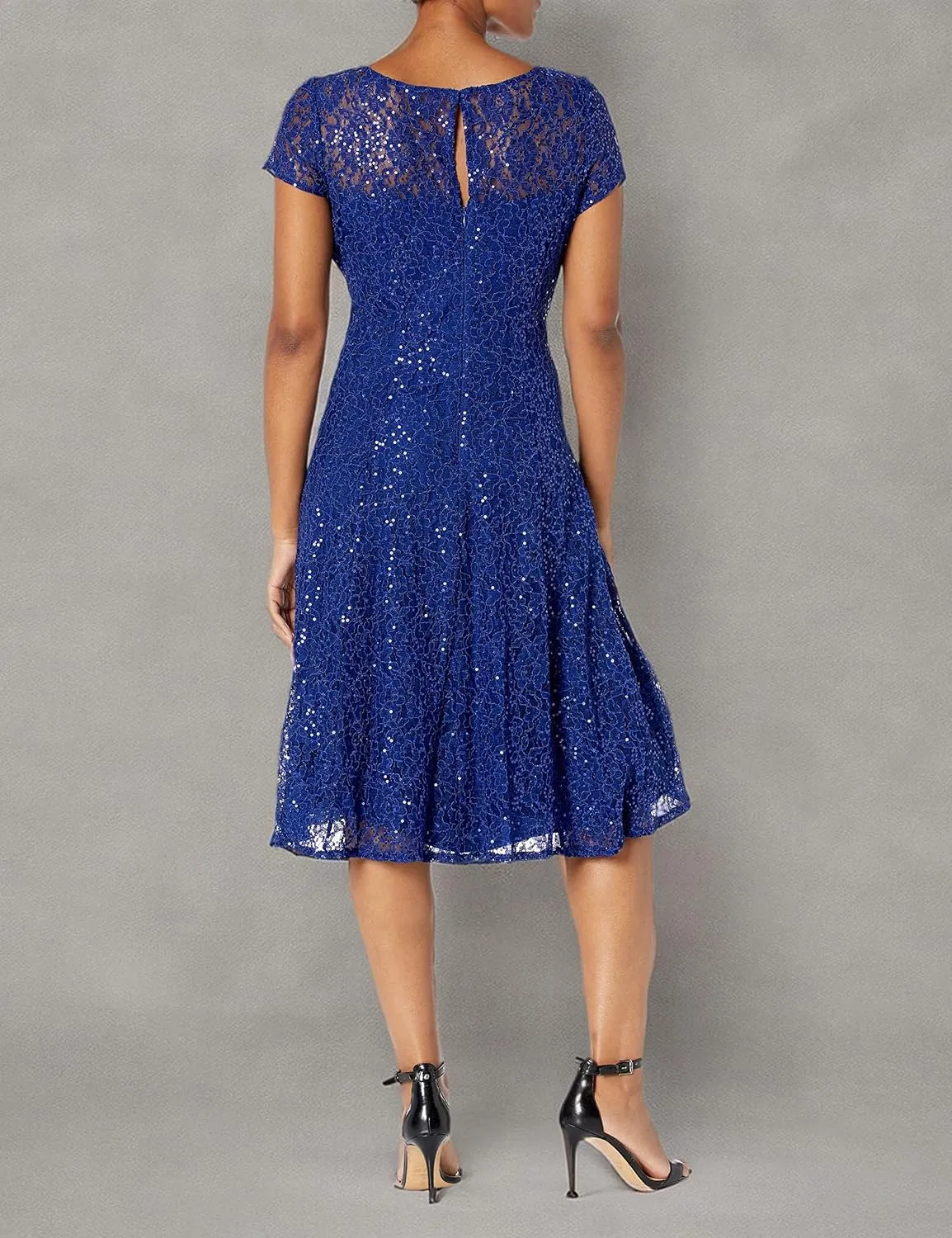 S.L. Fashions Women's Short Sleeve Sequin and Lace Tea Length Mother of The Bride Dress (Petite and Regular Sizes)
