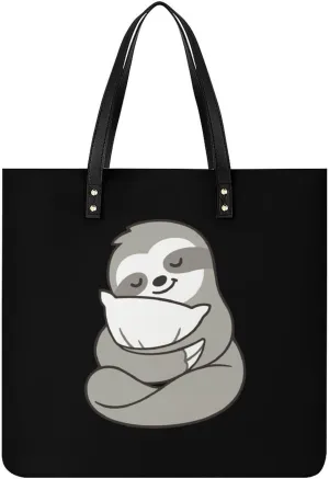 Sleepy Sloth Hugging Pillow Tote Bag Leather Handbags Large Shoulder Bag for College Work Travel Shopping