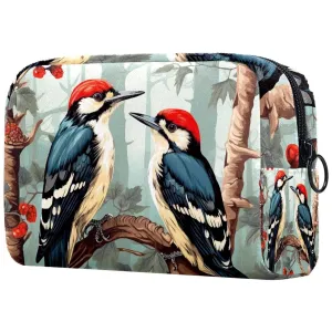 Small Makeup Bag Pouch for Purse, Travel Cosmetic Bag, Portable Toiletry Bag for Women Girls Gifts - Woodpecker Bird on Red Berries Branch
