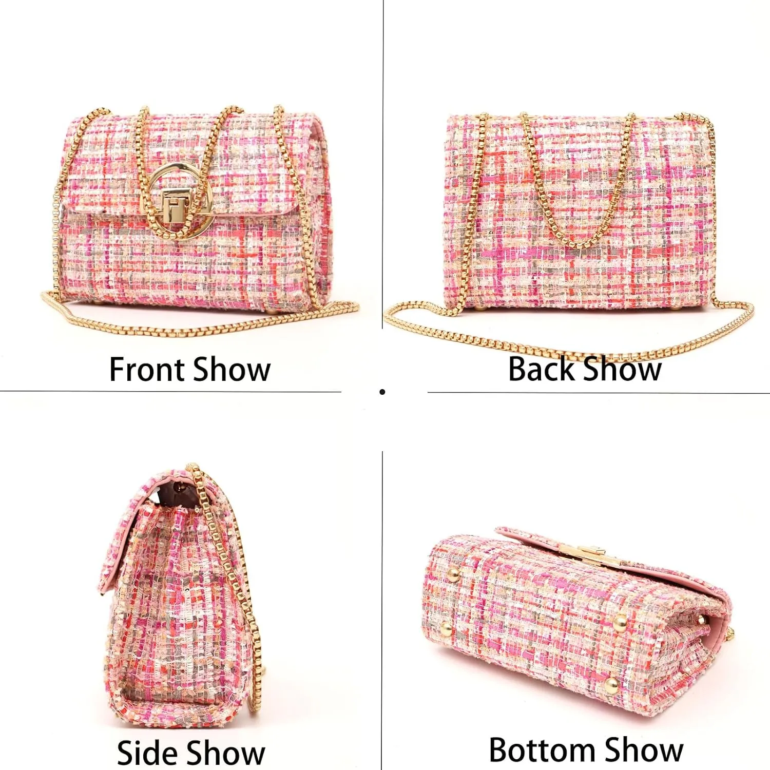 Small Quilted Crossbody Bag for Women, Designer Trendy Chain Clutch Mini Evening Shoulder Bag, Tweed Purse for Women