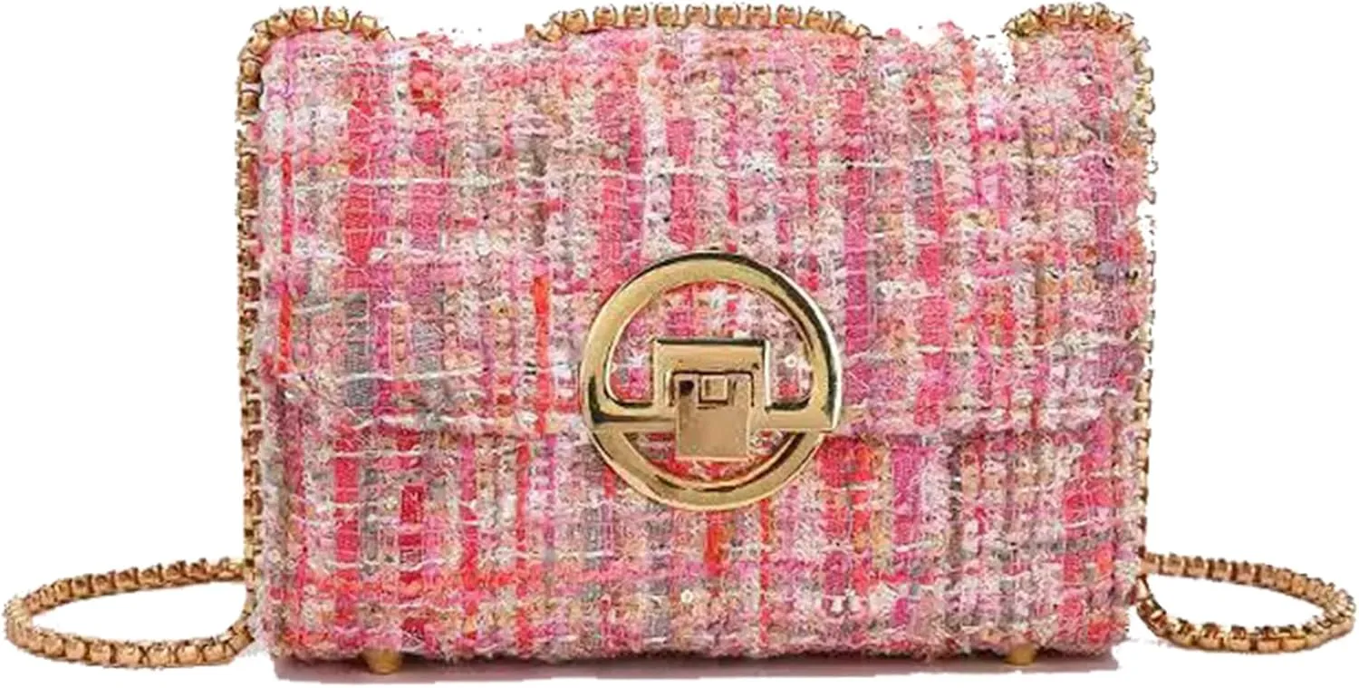 Small Quilted Crossbody Bag for Women, Designer Trendy Chain Clutch Mini Evening Shoulder Bag, Tweed Purse for Women