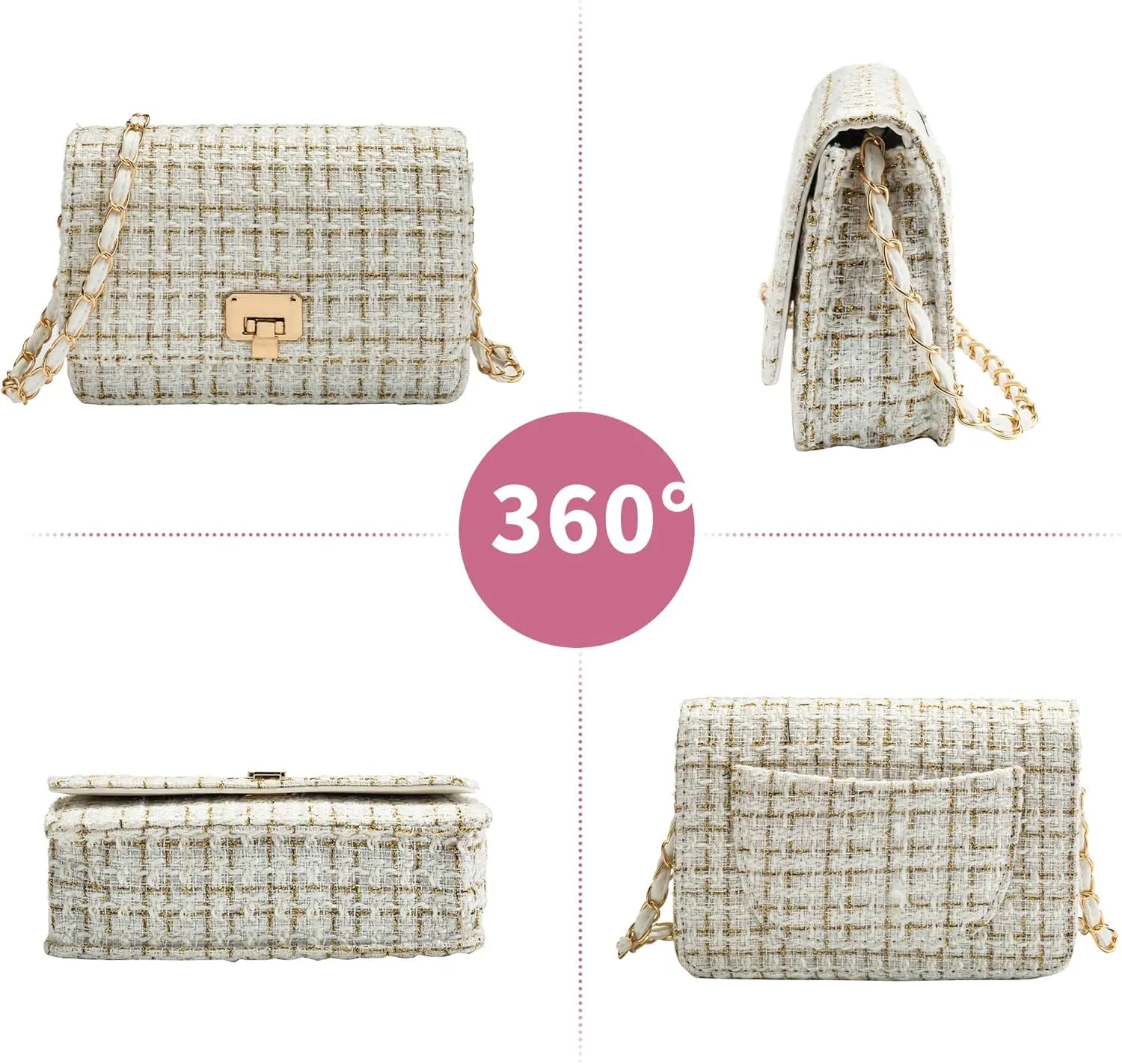 Small Quilted Shoulder Bag for Women Fashion Tweed Mini Clutch Handbag Purses Designer Crossbody Bag, with Chain Strap