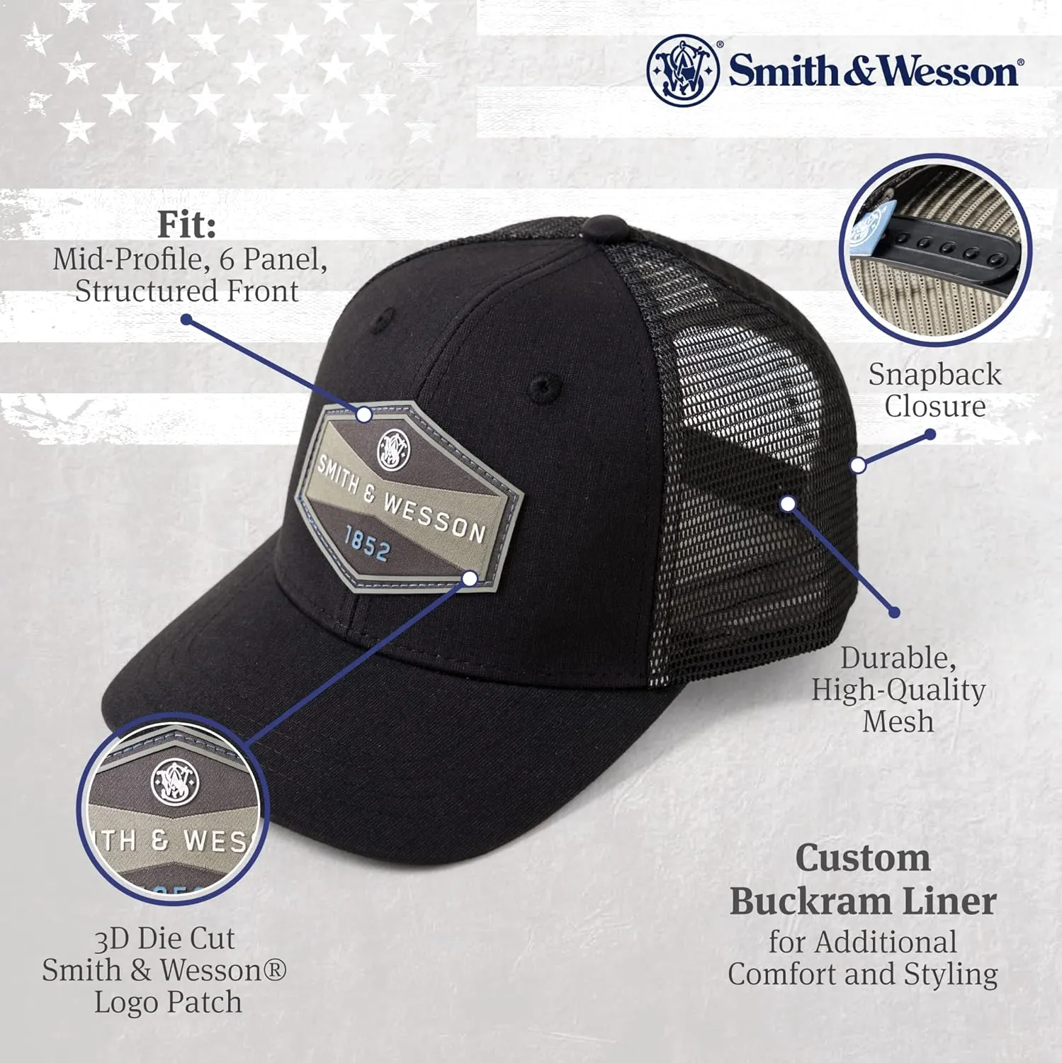 Smith & Wesson® Officially Licensed Men's Trucker Hat, Adjustable Snapback, 6-Panel Mesh Baseball Cap, One Size Fits Most