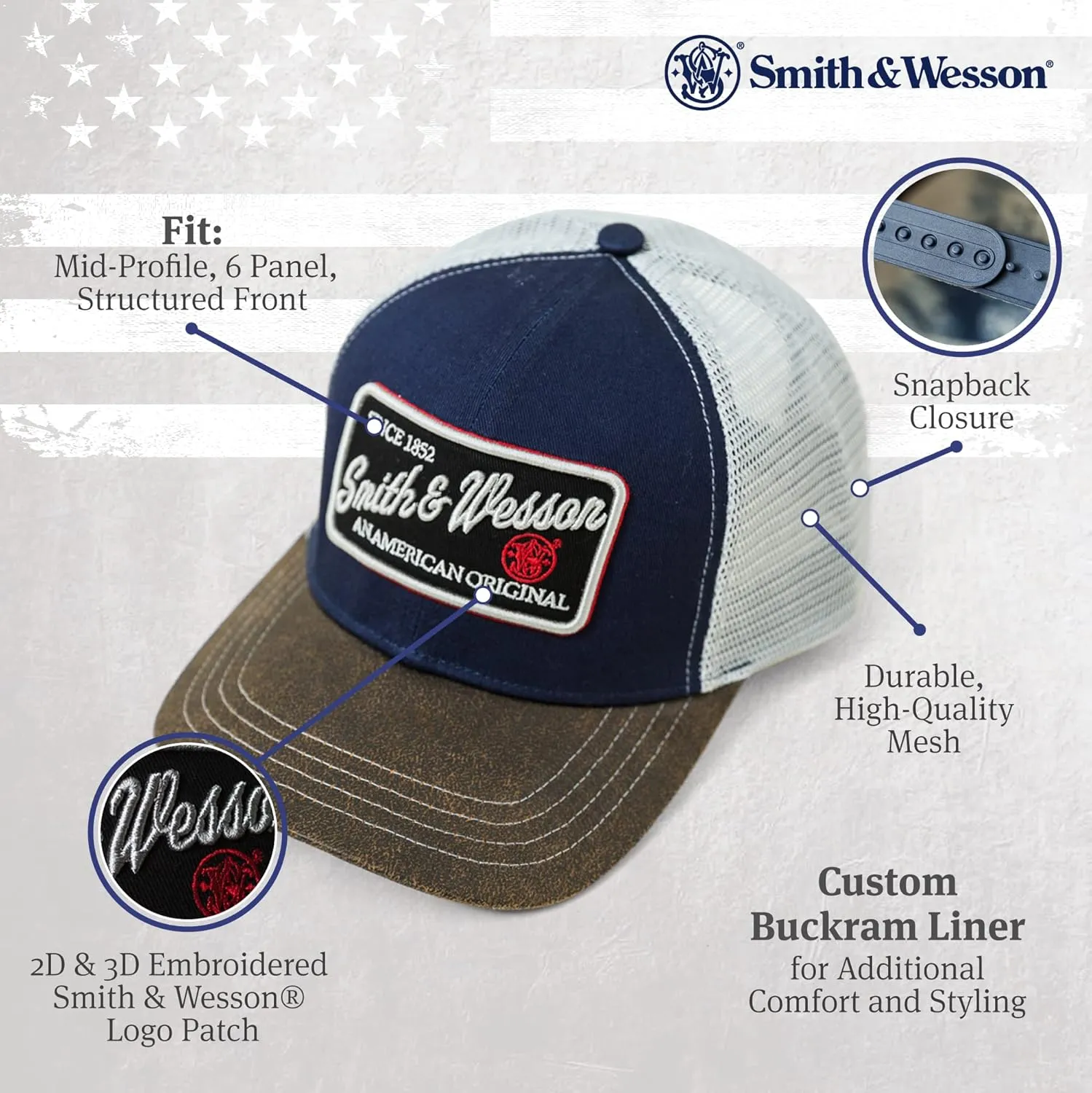 Smith & Wesson® Officially Licensed Men's Trucker Hat, Adjustable Snapback, 6-Panel Mesh Baseball Cap, One Size Fits Most