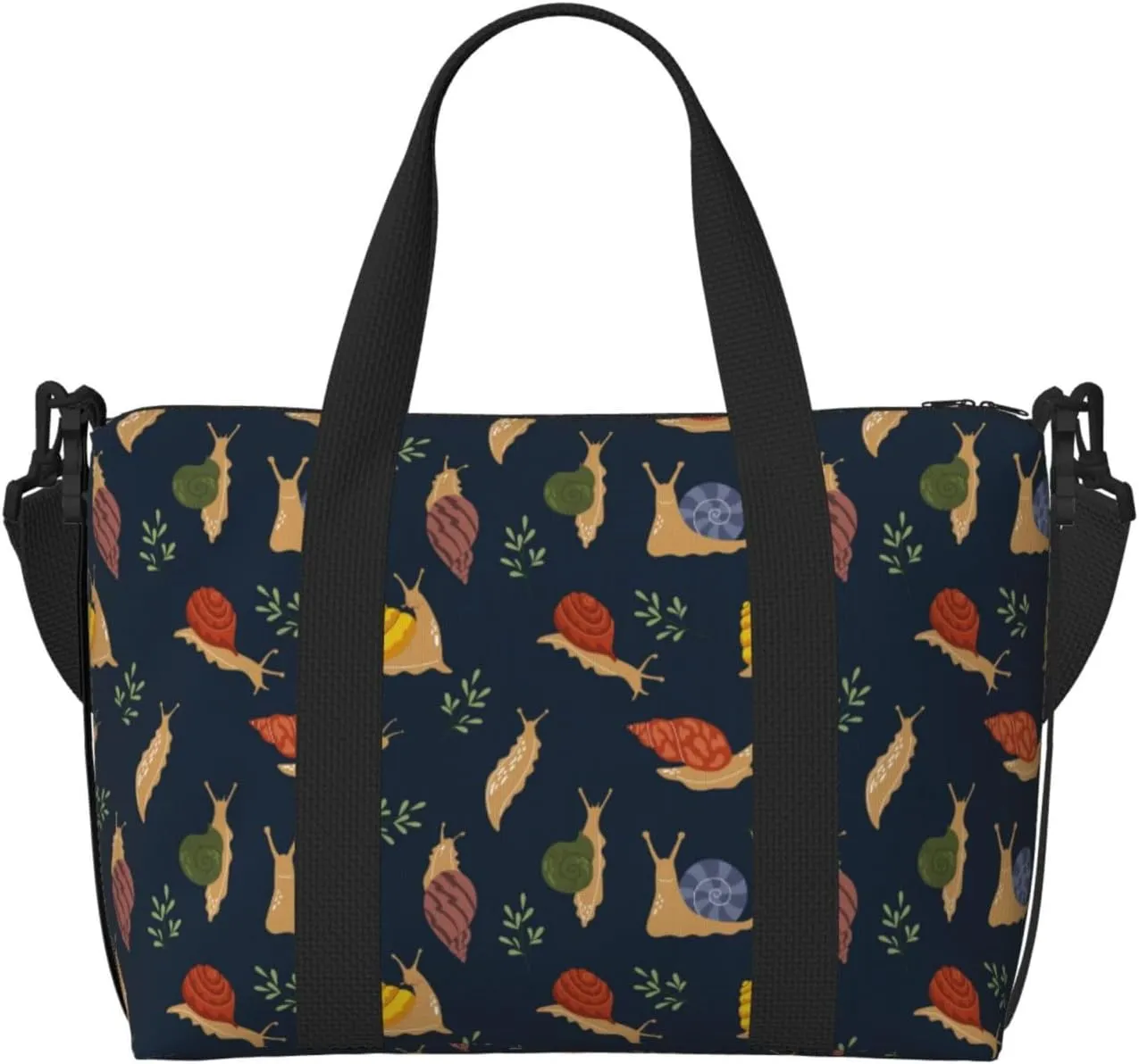 Snail Leaf Print Black Travel Duffle Bag For Women Men Weekender Overnight Bag Gym Bag For Women, Carry On Airport Bag, Travel Tote Bag With Strap For Gym Travel Business Trips