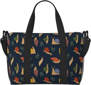 Snail Leaf Print Black Travel Duffle Bag For Women Men Weekender Overnight Bag Gym Bag For Women, Carry On Airport Bag, Travel Tote Bag With Strap For Gym Travel Business Trips