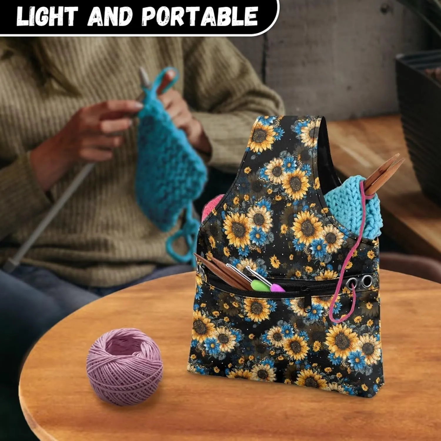 Snilety Sunflower Portable Knitting & Crochet Storage Bag, Yarn Organizer Tote with Cover and Shoulder Strap for Yarn, Needles and Other Supplies Portable Shopping Handbag.Bag Only
