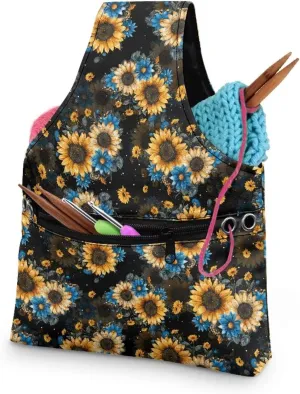 Snilety Sunflower Portable Knitting & Crochet Storage Bag, Yarn Organizer Tote with Cover and Shoulder Strap for Yarn, Needles and Other Supplies Portable Shopping Handbag.Bag Only
