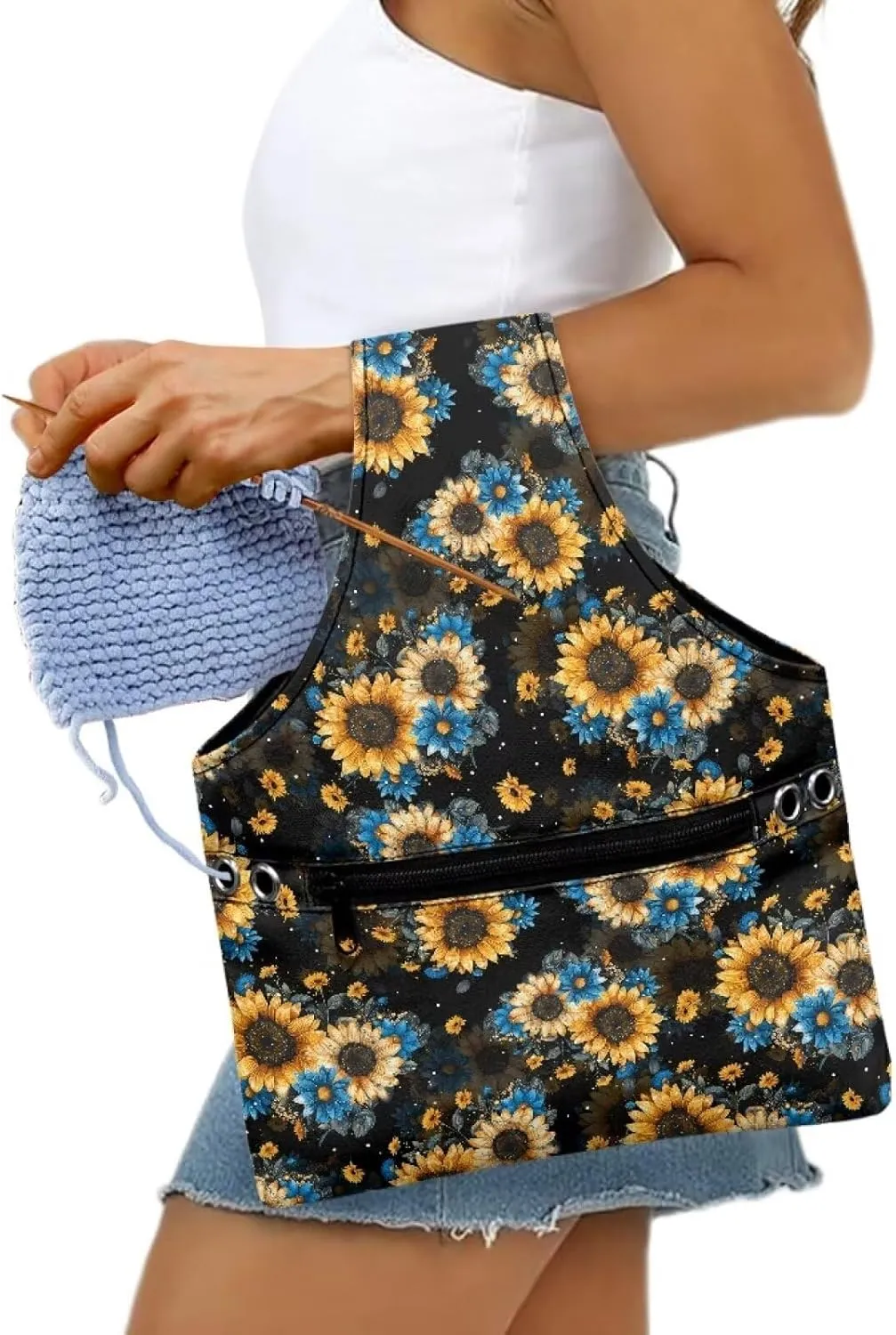 Snilety Sunflower Portable Knitting & Crochet Storage Bag, Yarn Organizer Tote with Cover and Shoulder Strap for Yarn, Needles and Other Supplies Portable Shopping Handbag.Bag Only