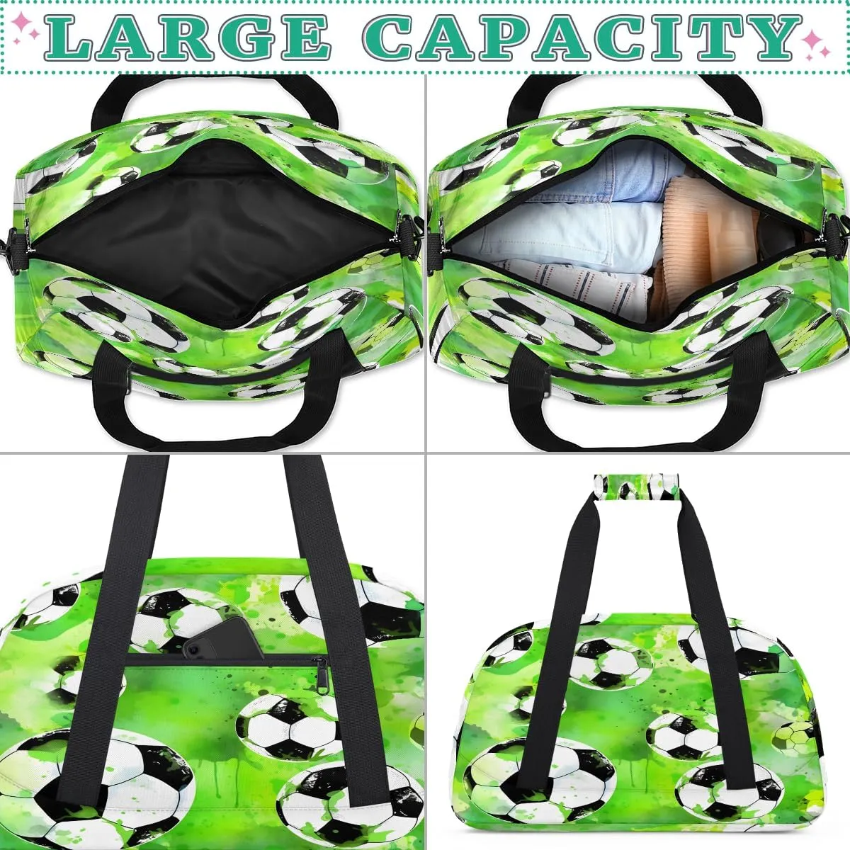 Soccer Kids Overnighter Duffel Bags for Boys, Carry-On Size Sports Gym Bag with Front Zipper Pocket for School Practice or Overnight Travel Weekender Sleepover Tote Bag