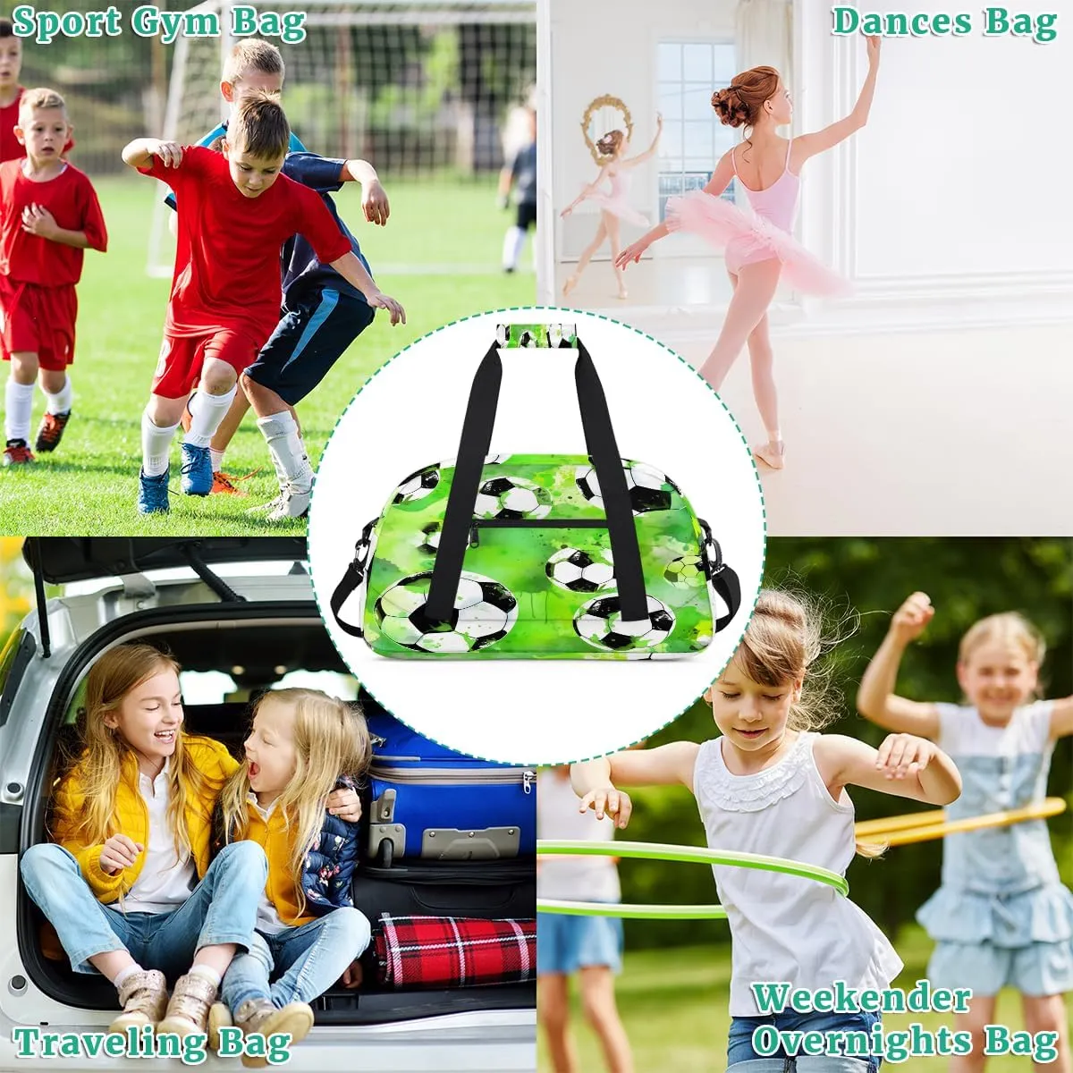 Soccer Kids Overnighter Duffel Bags for Boys, Carry-On Size Sports Gym Bag with Front Zipper Pocket for School Practice or Overnight Travel Weekender Sleepover Tote Bag