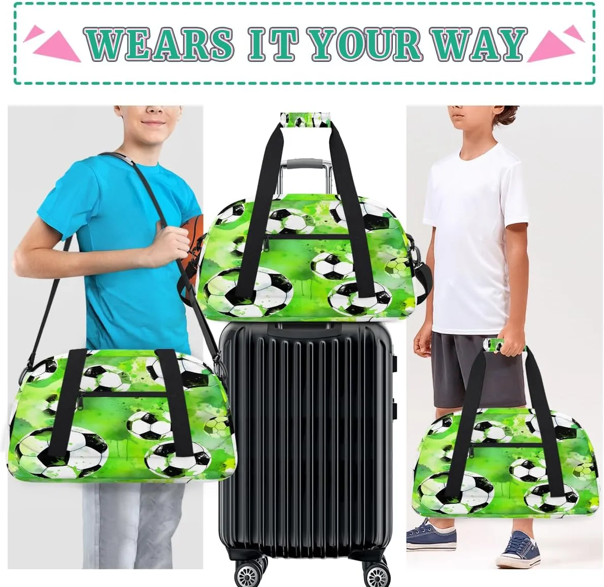 Soccer Kids Overnighter Duffel Bags for Boys, Carry-On Size Sports Gym Bag with Front Zipper Pocket for School Practice or Overnight Travel Weekender Sleepover Tote Bag
