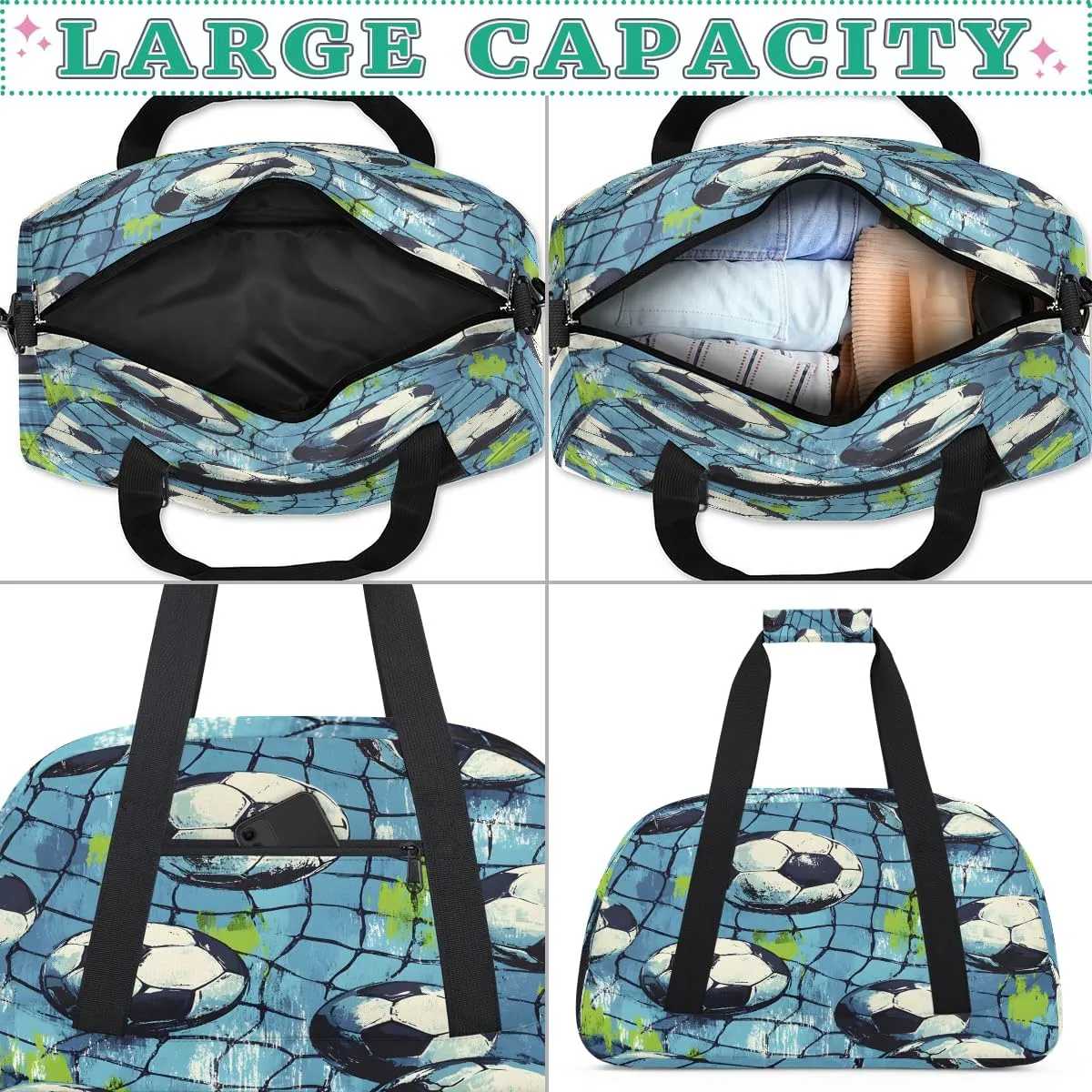Soccer Sport Pattern Kids Overnighter Duffel Bags for Boys, Carry-On Size Sports Gym Bag with Front Zipper Pocket for School Practice or Overnight Travel Weekender Sleepover Tote Bag