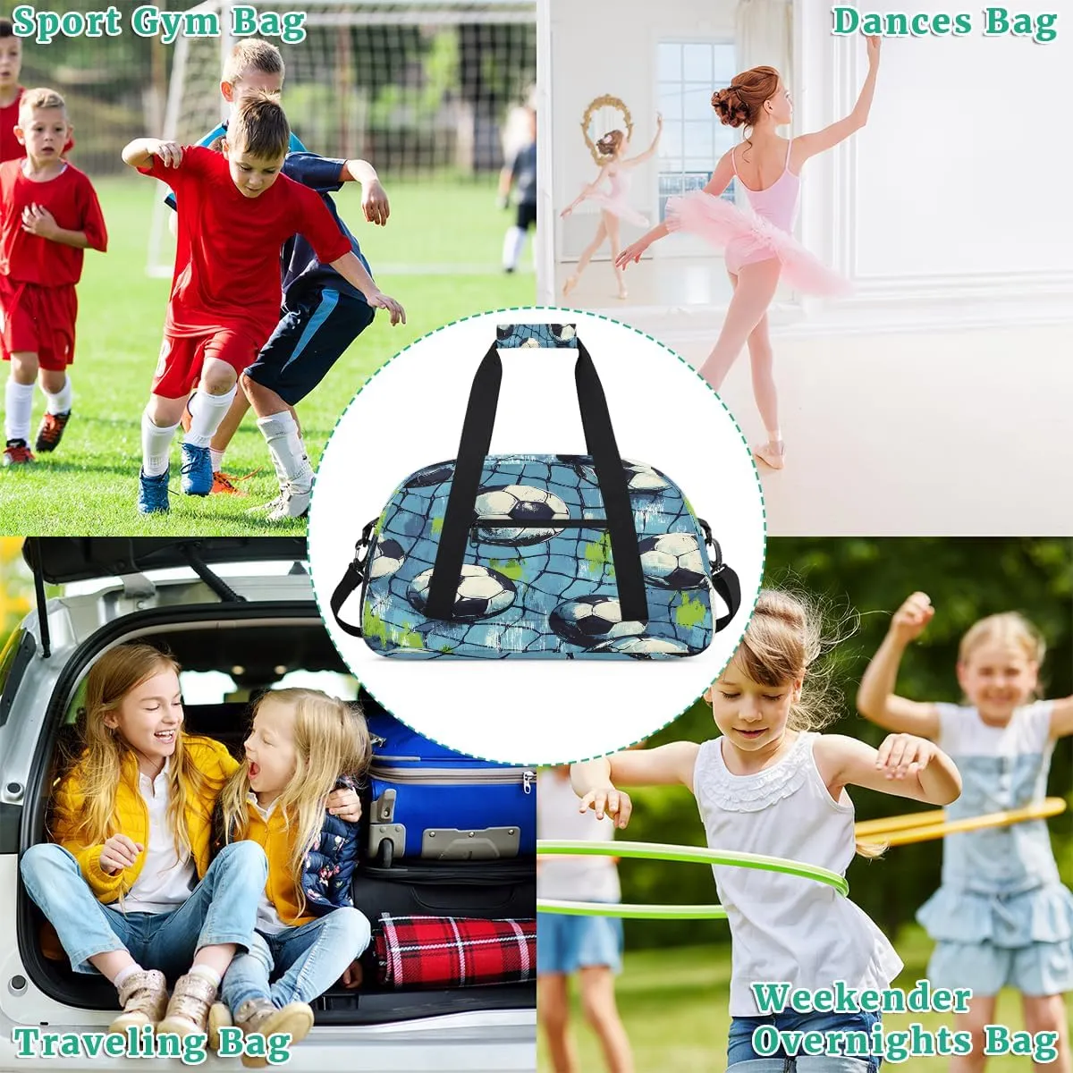 Soccer Sport Pattern Kids Overnighter Duffel Bags for Boys, Carry-On Size Sports Gym Bag with Front Zipper Pocket for School Practice or Overnight Travel Weekender Sleepover Tote Bag