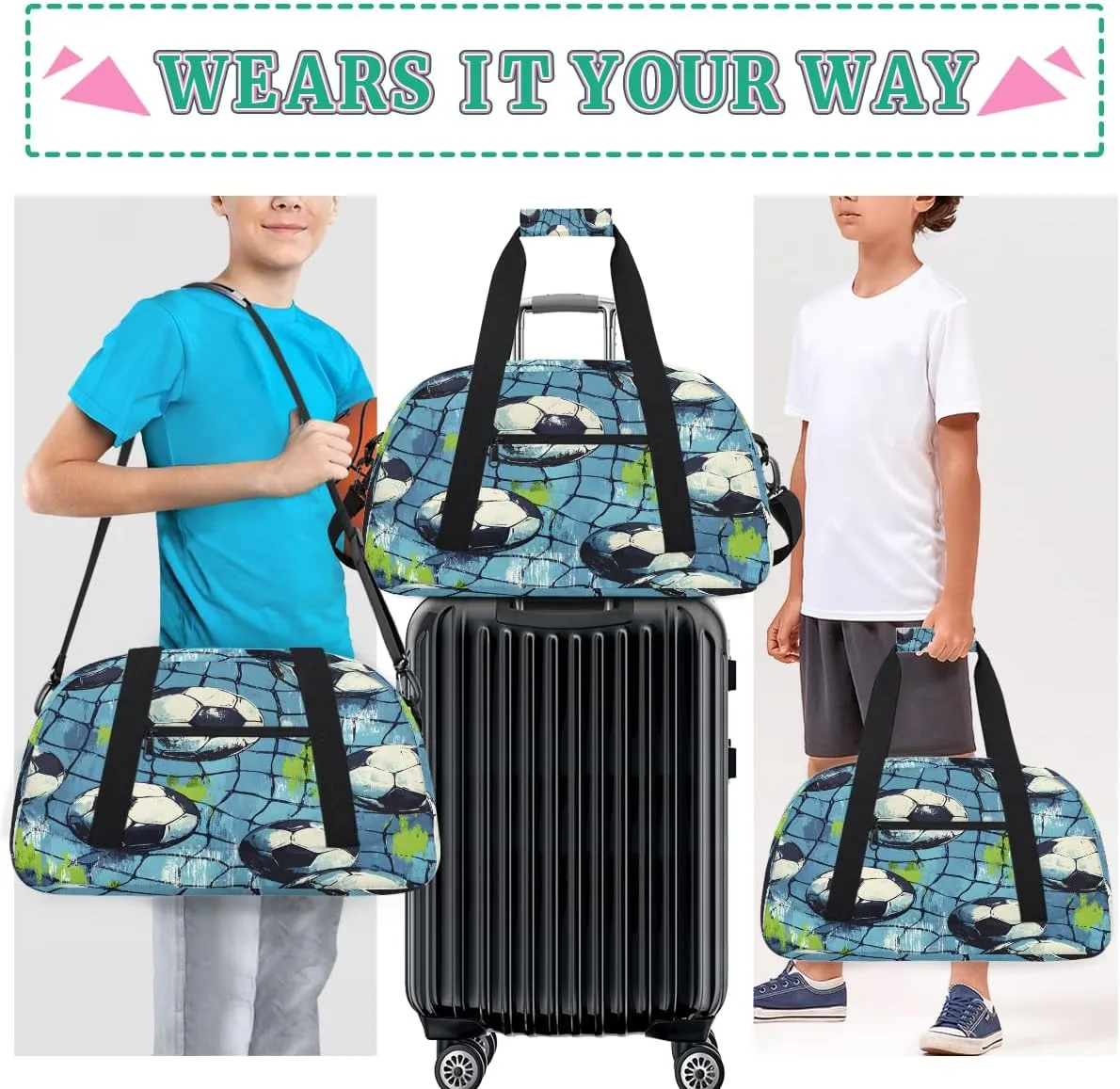 Soccer Sport Pattern Kids Overnighter Duffel Bags for Boys, Carry-On Size Sports Gym Bag with Front Zipper Pocket for School Practice or Overnight Travel Weekender Sleepover Tote Bag