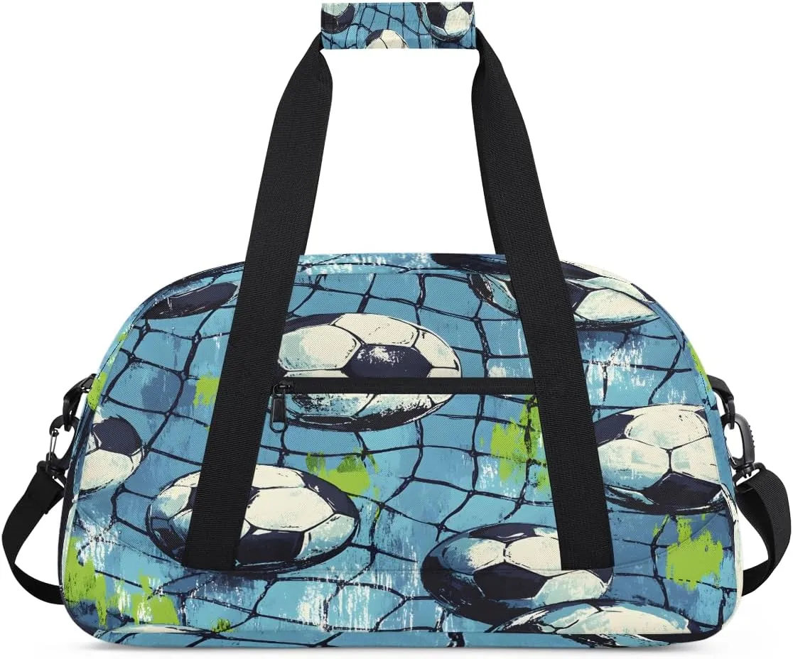 Soccer Sport Pattern Kids Overnighter Duffel Bags for Boys, Carry-On Size Sports Gym Bag with Front Zipper Pocket for School Practice or Overnight Travel Weekender Sleepover Tote Bag