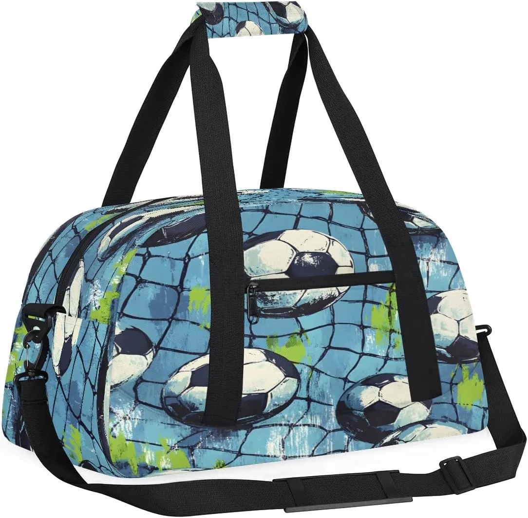 Soccer Sport Pattern Kids Overnighter Duffel Bags for Boys, Carry-On Size Sports Gym Bag with Front Zipper Pocket for School Practice or Overnight Travel Weekender Sleepover Tote Bag