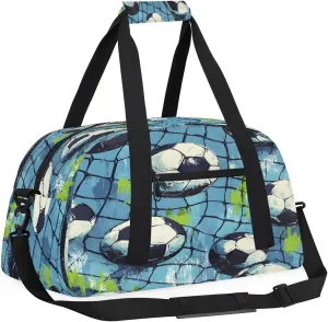 Soccer Sport Pattern Kids Overnighter Duffel Bags for Boys, Carry-On Size Sports Gym Bag with Front Zipper Pocket for School Practice or Overnight Travel Weekender Sleepover Tote Bag