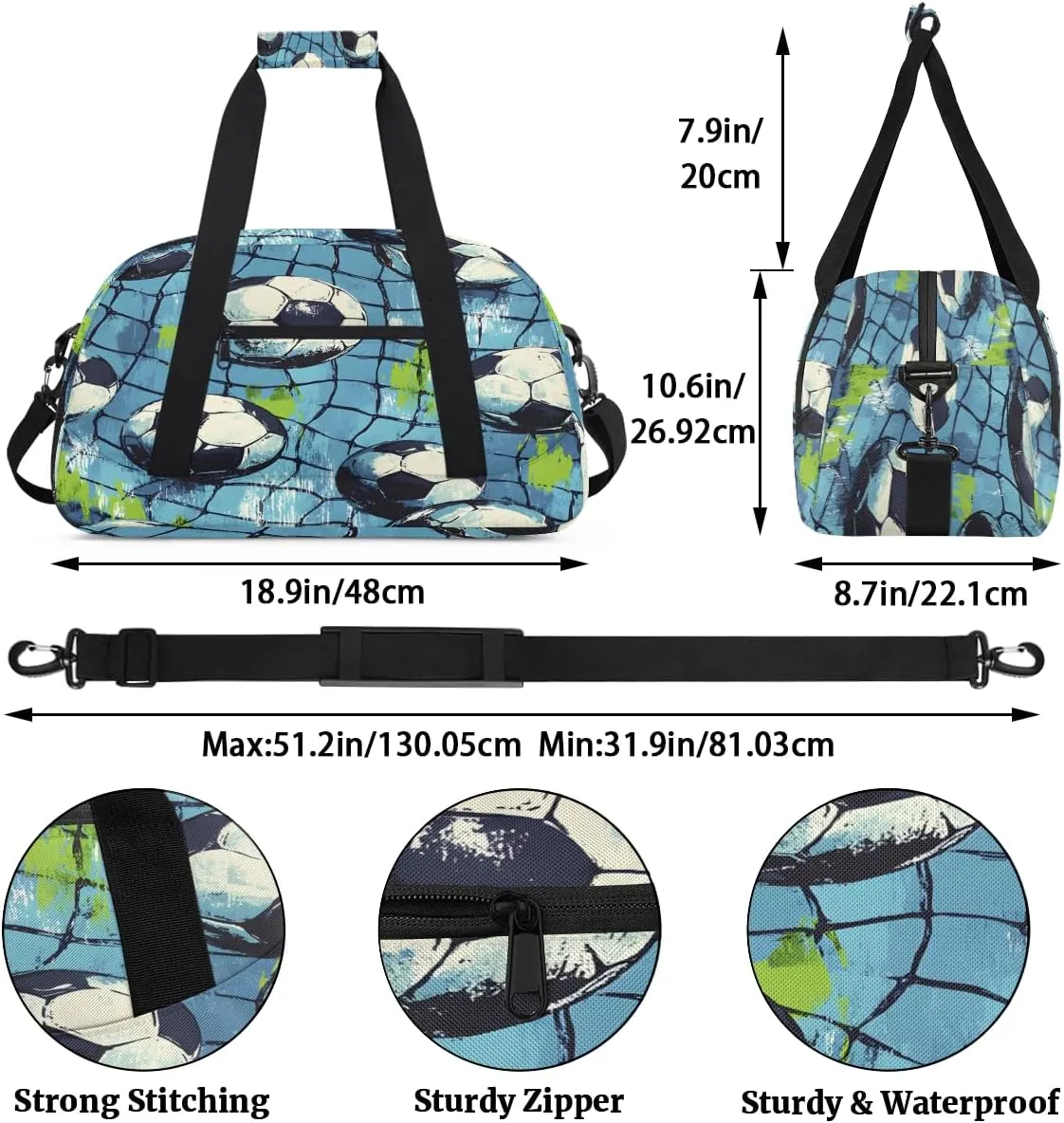 Soccer Sport Pattern Kids Overnighter Duffel Bags for Boys, Carry-On Size Sports Gym Bag with Front Zipper Pocket for School Practice or Overnight Travel Weekender Sleepover Tote Bag