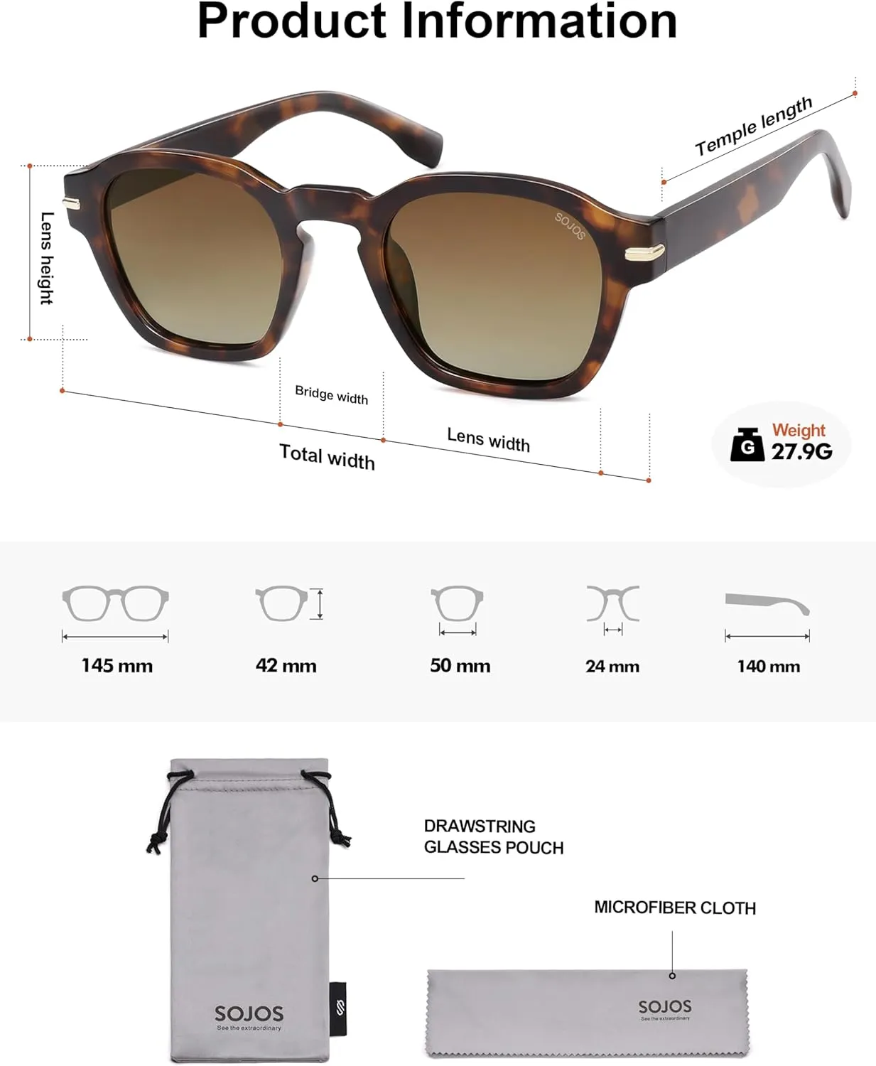SOJOS Vintage Retro Square Polarized Sunglasses Men Trendy Womens Sun Glasses SJ2382