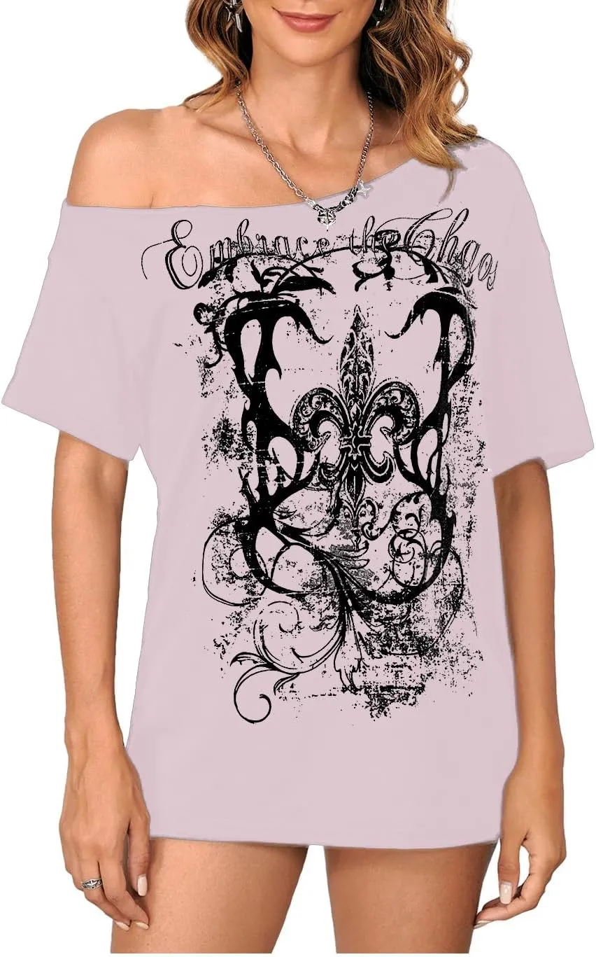 SOLY HUX Women's Off The Shoulder Tops Graphic Tees Y2k Vintage Gothic Oversized T Shirts Streetwear