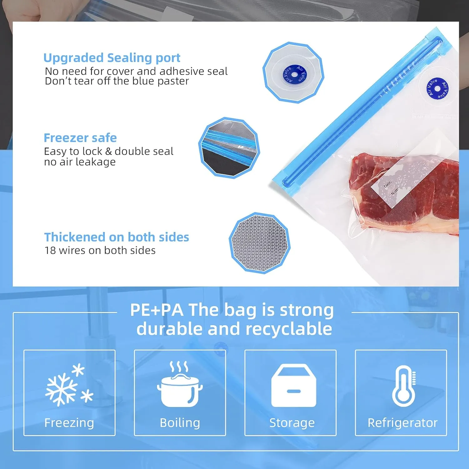 Sous Vide Bags, 20 PCS Reusable Vacuum Sealer Bags for Food with 6 Sealing Clips, BPA Free Vacuum Food Storage Bags (8.7x8.3 Inch) for Food Storage & Sous Vide Cooking