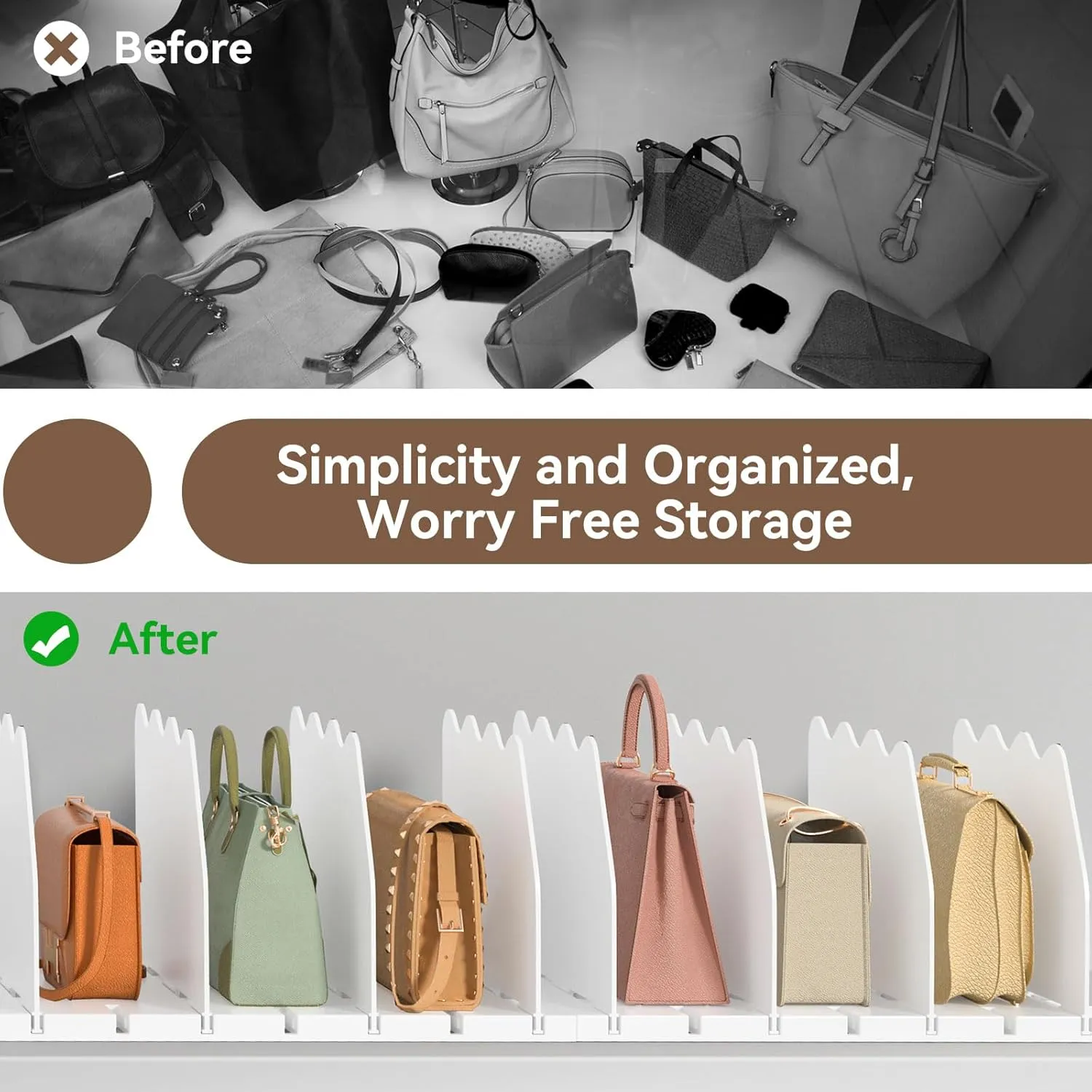 SOYO Adjustable Purse Organizers for Closet, Acrylic Shelf Divider for Bag and Purse Storage, Pocketbook and Handbag Organizer, Bookshelf Separator Organizers for House, Office Use, White，2pc