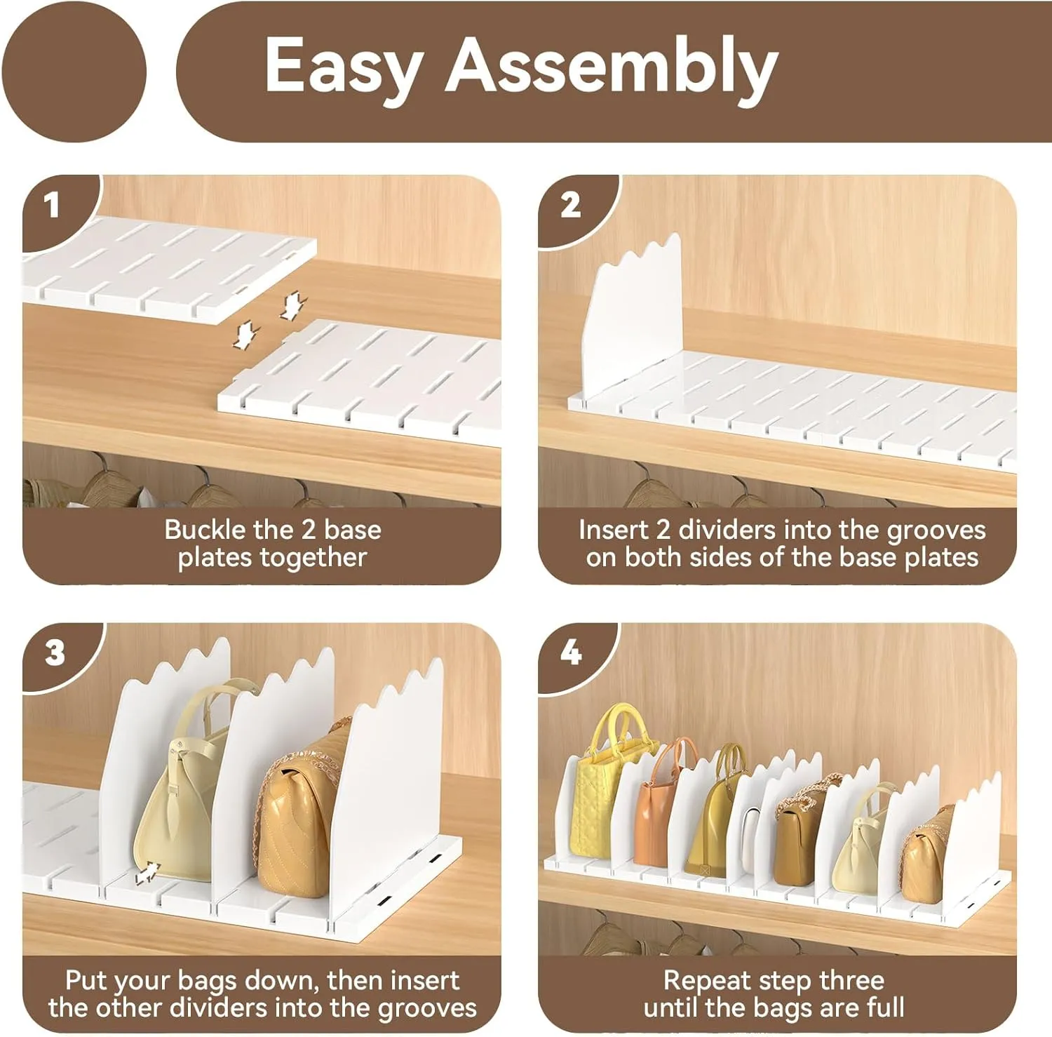 SOYO Adjustable Purse Organizers for Closet, Acrylic Shelf Divider for Bag and Purse Storage, Pocketbook and Handbag Organizer, Bookshelf Separator Organizers for House, Office Use, White，2pc