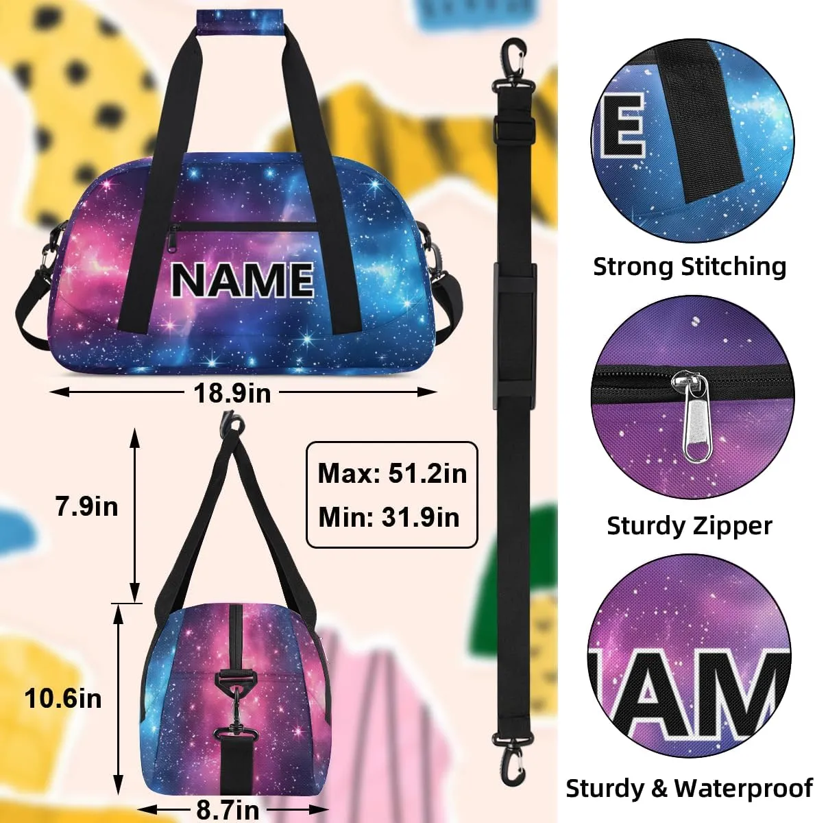 Space Custom Small Gym Bag 18 inch for Women Men Personalized Galaxy Blue Stars Carry On Overnight Weekender Bag for Travel Work Dance Sport