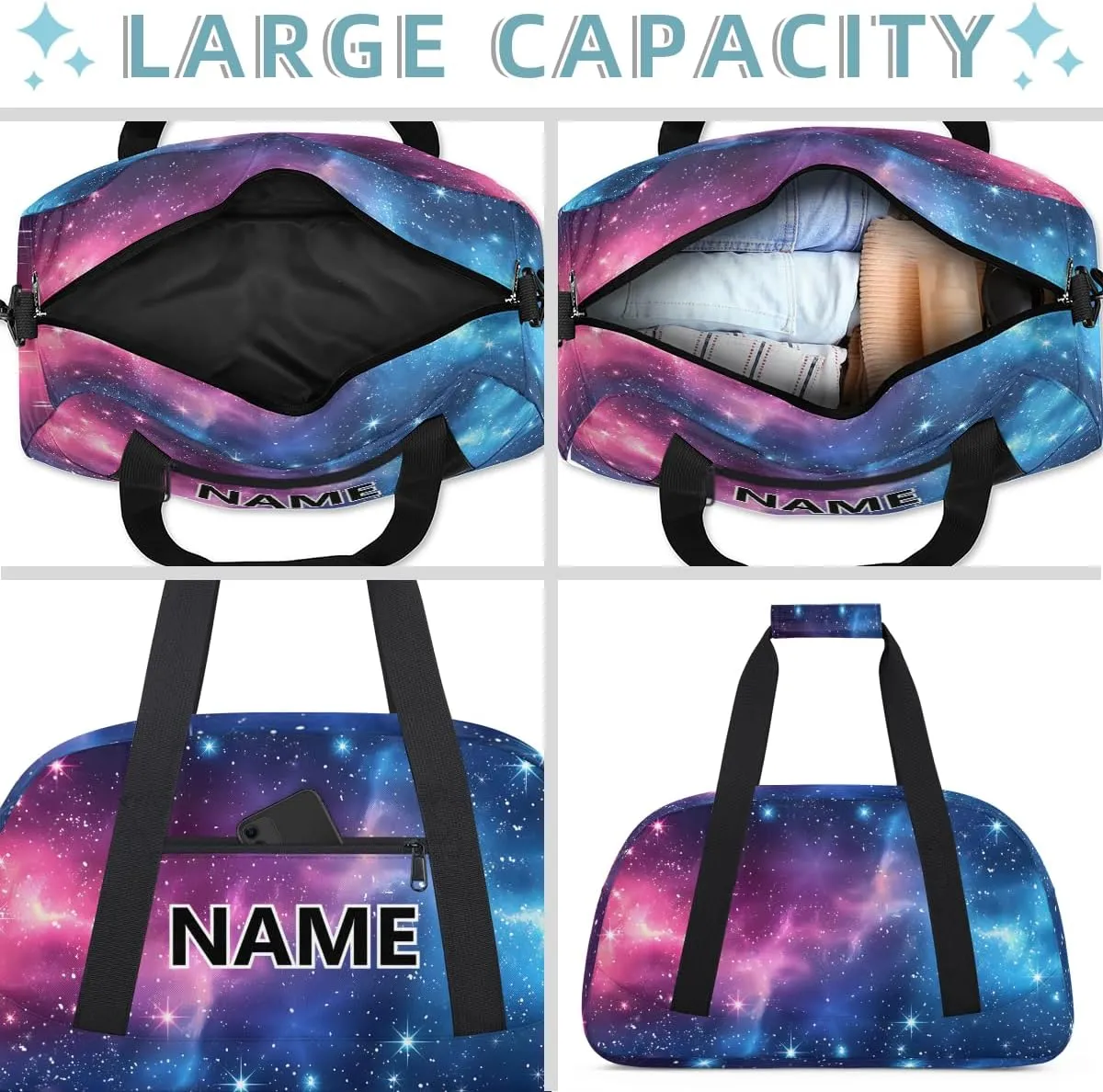 Space Custom Small Gym Bag 18 inch for Women Men Personalized Galaxy Blue Stars Carry On Overnight Weekender Bag for Travel Work Dance Sport