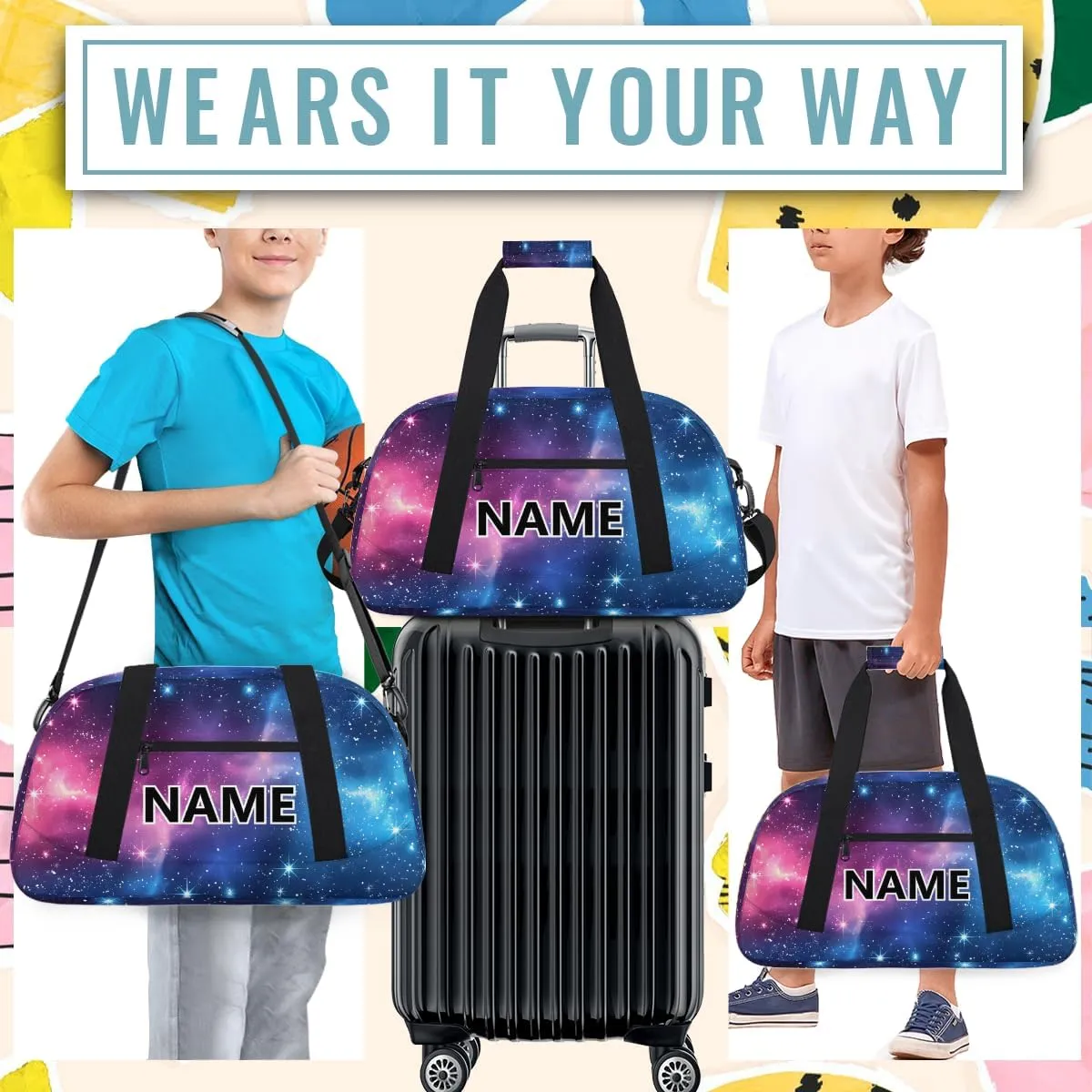 Space Custom Small Gym Bag 18 inch for Women Men Personalized Galaxy Blue Stars Carry On Overnight Weekender Bag for Travel Work Dance Sport