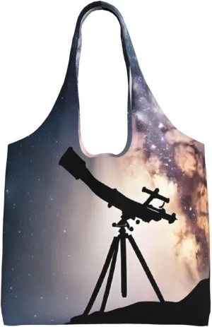 (Space Galaxy With Telescope) Large Tote Shoulder Bag Fashion Canvas Handbag Reusable Shopping Bag Travel Bag For Women