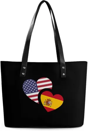 Spain US Flag Tote Bag Ladies Leather Handbags Large Western Purse Shoulder Bag