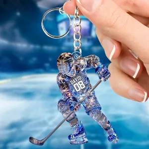 Sparkling Ice Hockey Player - Personalized Hockey Keychain