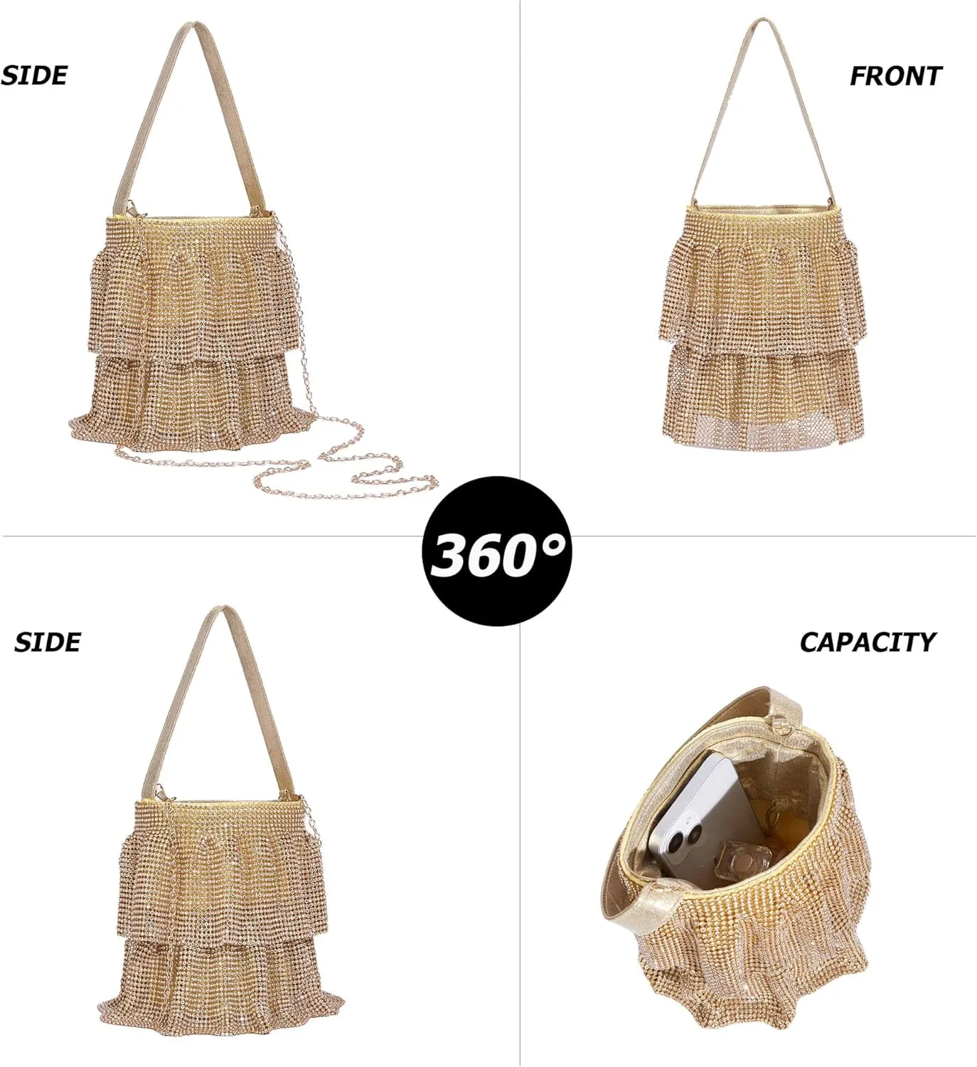 Sparkling Rhinestone Chain Handbag Women Elegant Evening Clutch Bag Bling Crystal Crossbody Purse for Wedding Party