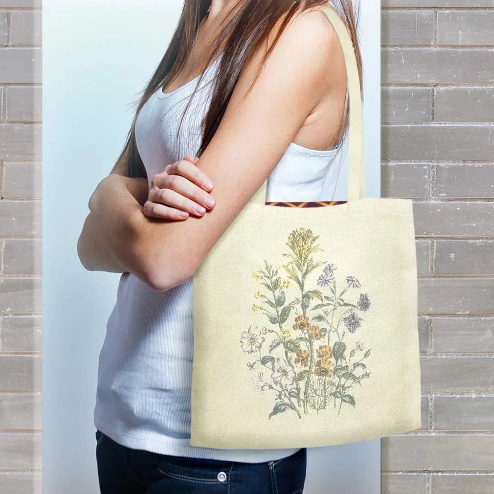 Speedy Pros Canvas Tote Bag for Women Browallia Mimulus Bush Violet Vintage Botanical Flowers