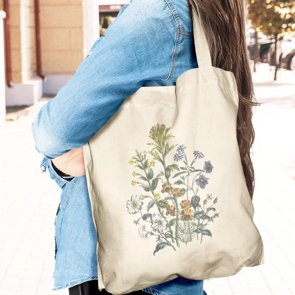 Speedy Pros Canvas Tote Bag for Women Browallia Mimulus Bush Violet Vintage Botanical Flowers