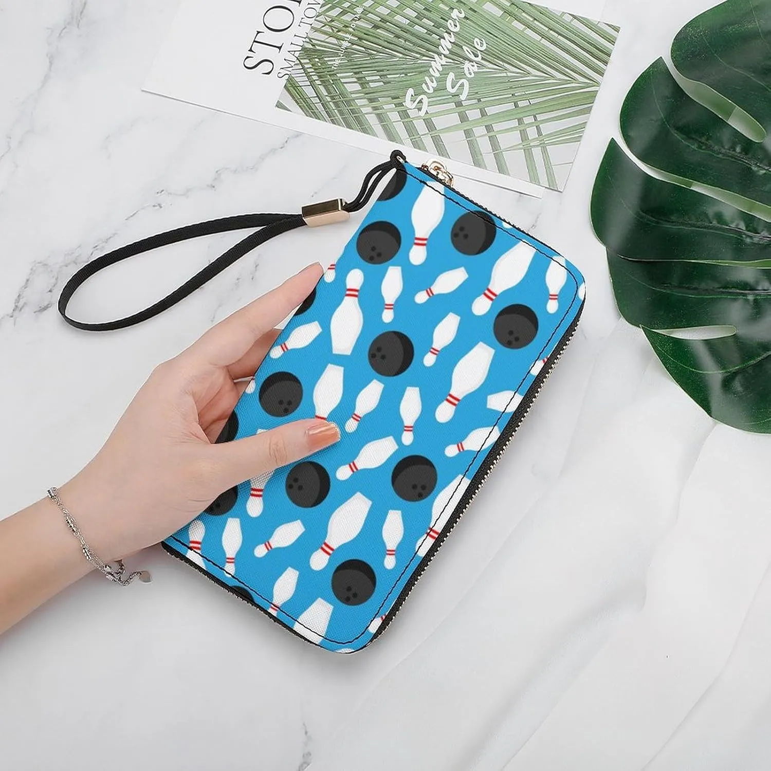 Sport Bowling Ball And Bowling Pins Women's Leather Long Large Capacity Wallet Clutch Wallet with Hand Strap
