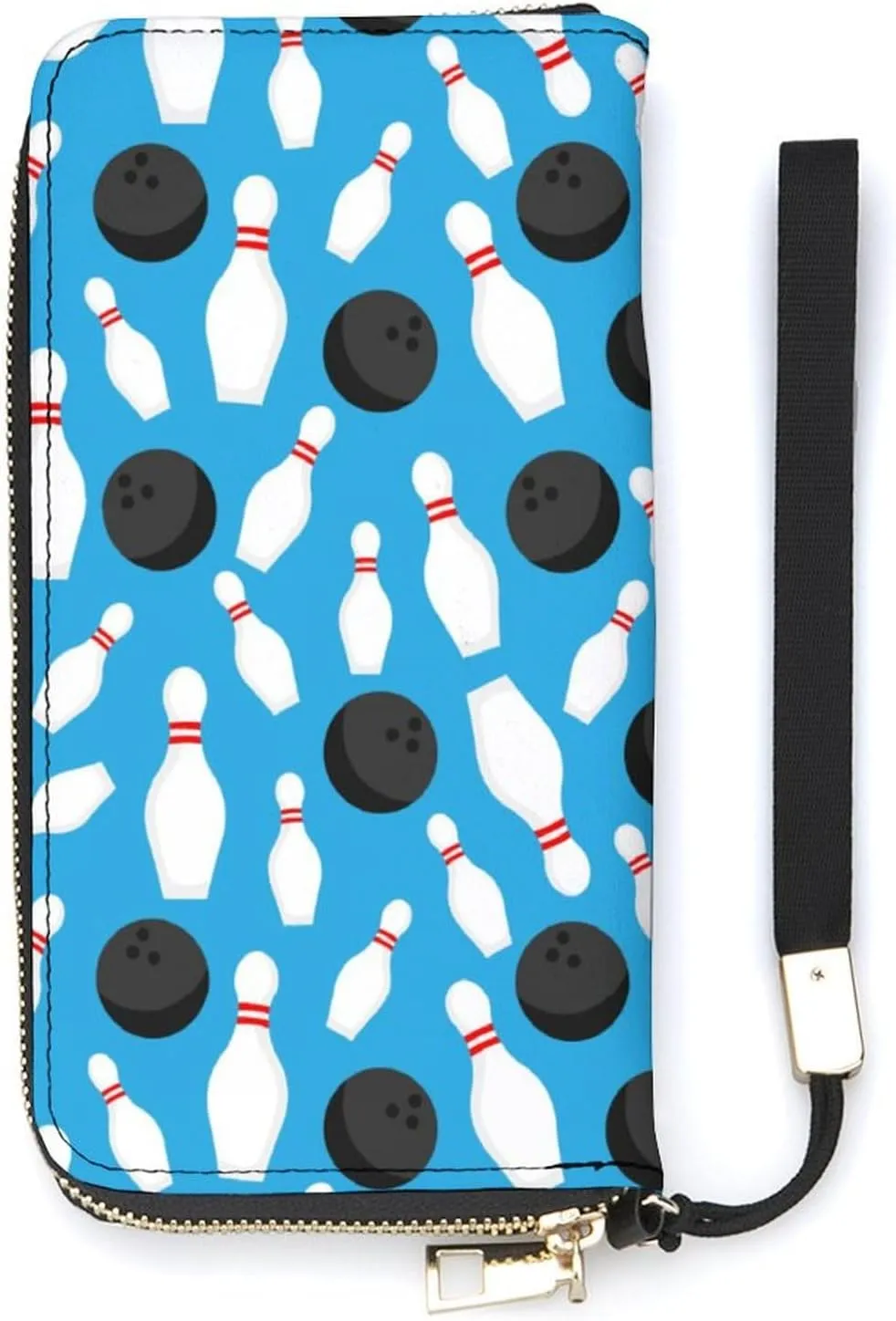 Sport Bowling Ball And Bowling Pins Women's Leather Long Large Capacity Wallet Clutch Wallet with Hand Strap